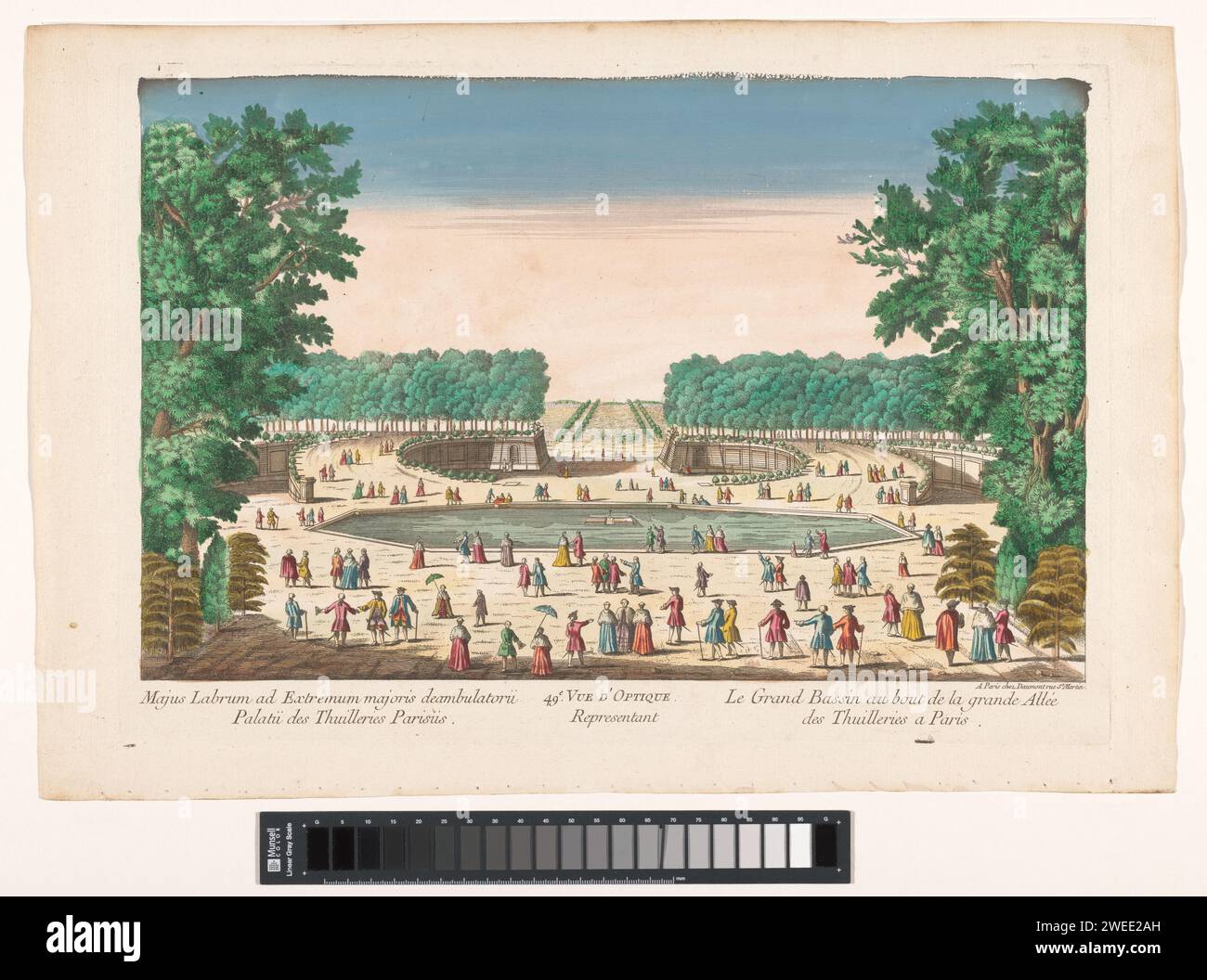 Vue du bassin octogonal dans le jardin des Tuileries à Paris, Jean-François Daumont, 1745 - 1775 estampe dans le titre numéroté : 49. Editeur : Parisprint Maker : France paper. aquarelle (peinture) gravure / jardin de brosse. bassin de jardin. Plantes ornementales jardin des Tuileries Banque D'Images