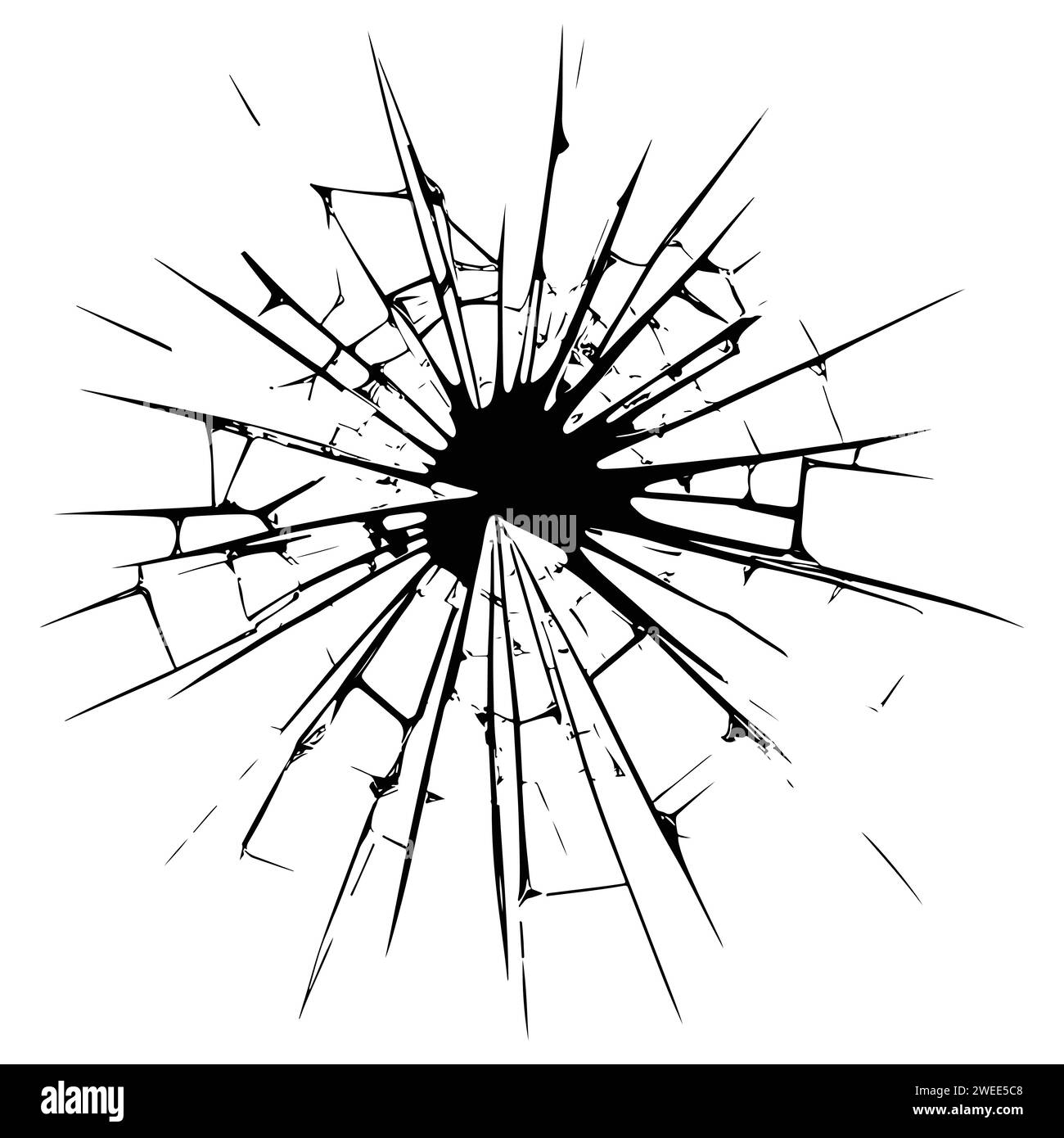 Verre cassé fissuré. Trou dans la surface du verre. Dessin vectoriel. Le cercle criminel brise la vitre de cristal. Fenêtre après accident ou balle, texture miroir cassée. Illustration de Vecteur