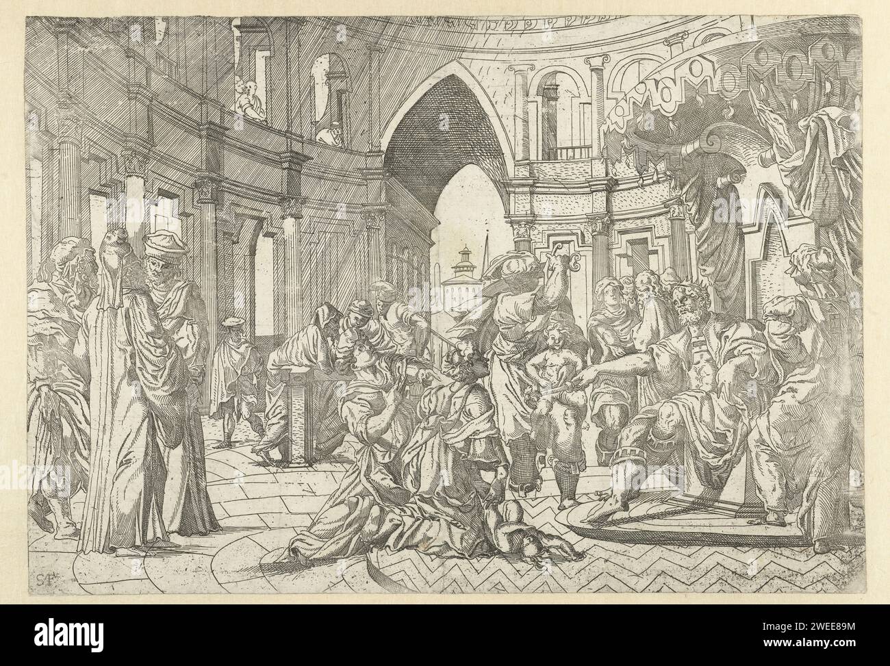 Jugement de Salomon, monogrammiste SAF, 1530 - 1540 impression à l'intérieur de l'espace circulaire avec des colonnes, Salomon est assis sur le trône et pointe avec le bâton. Deux mères agenouillées pour lui. La bonne mère pointe vers la mauvaise mère qui a un enfant avec elle. Beul élevé avec l'épée tient un autre enfant. Low Countries papier gravure Salomon indique la vraie mère Banque D'Images
