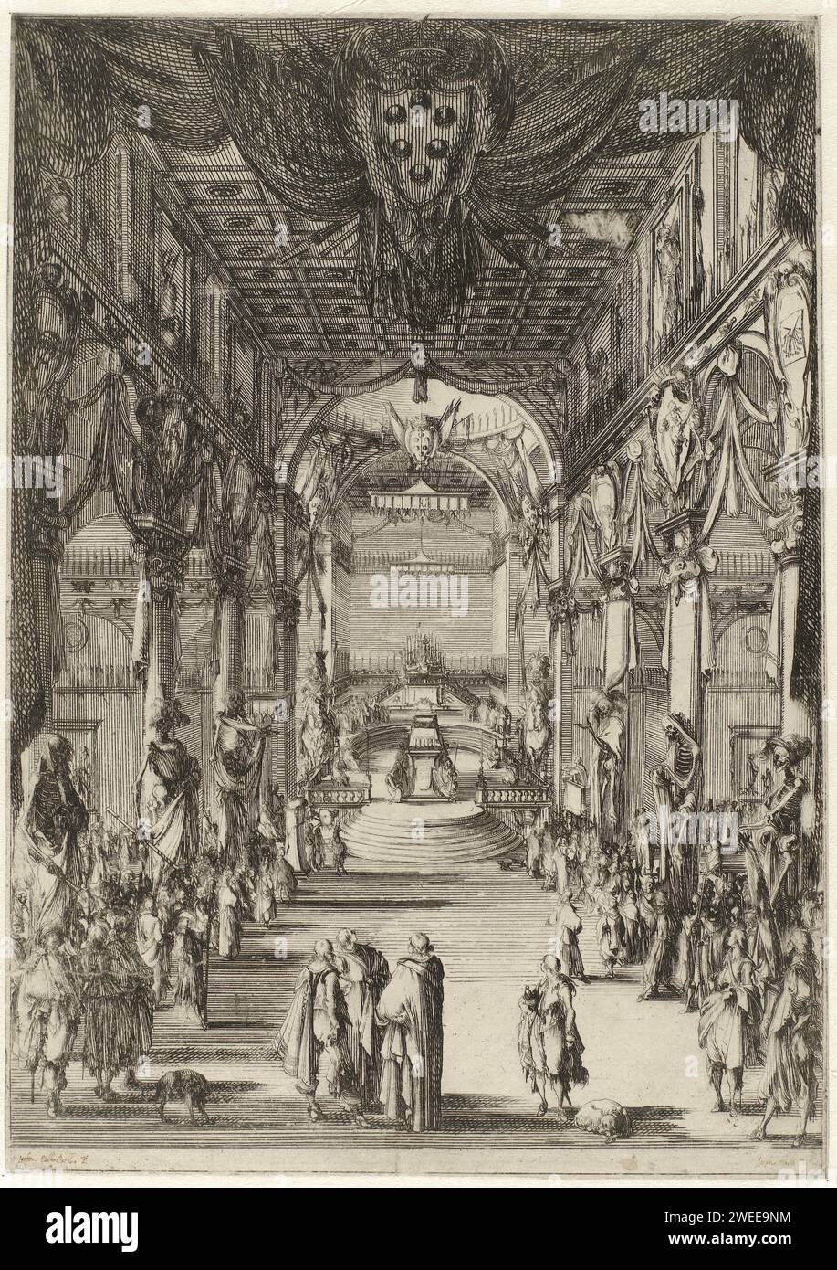 Begrafenis Van Francesco II de 'Medici, Stefano Della Bella, d'après Alfonso Paris (le jeune), 1620 - 1664 imprimer les funérailles de Francesco II de 'Medici dans le San Lorenzo à Florence. Au plafond, un grand blason de la famille de 'Medici. Le long du navire, plusieurs squelettes décorés ont été placés contre des piliers pour la décoration. Dessin de deux figures sur verso. Papier italien. gravure à l'encre / stylo funérailles publiques. Basilique funéraire cérémonielle Sint-Basse Banque D'Images