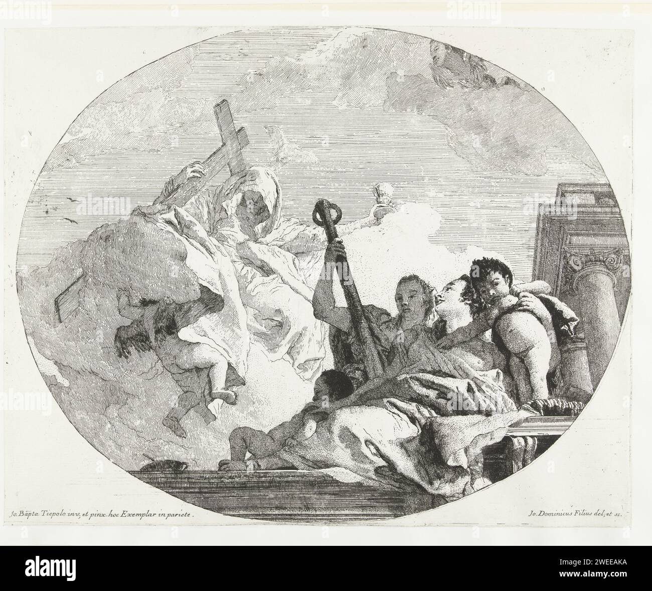 Trois vertus divines, Giovanni Domenico Tiepolo, d'après Giovanni Battista Tiepolo, 1753 - 1757 imprimer les trois vertus divines foi (Fides) avec croix et mésentente, espoir (spes) avec ancre et amour (caritas) avec deux enfants. Papier de Venise mordant la foi, 'Fidess' ; 'FEDE', 'FEDE catholica', 'FEDE christiana', 'FEDE christiana catholica' (Ripa) ~ une des trois vertus théologiques. Espoir, 'Spes' ; 'Speranza divina e certa' (Ripa) ~ l'une des trois vertus théologiques. Charité, 'Caritas' ; 'CaritÃ' (Ripa) ~ une des trois vertus théologiques Banque D'Images