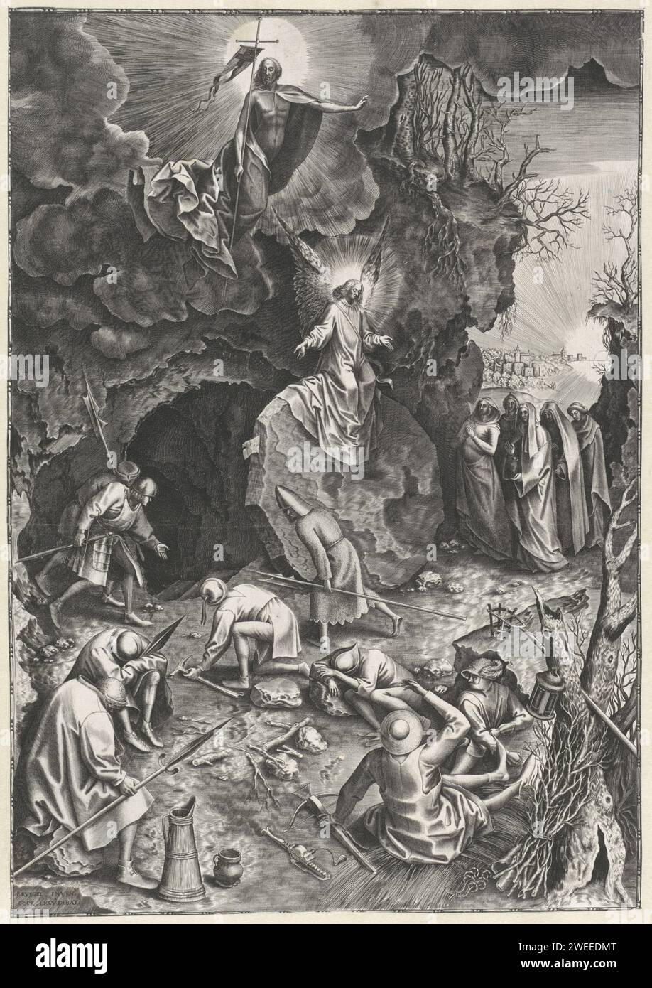 Résurrection, Philips Galle, d'après Pieter Bruegel (I), 1560 - 1565 imprimer le Christ bouleversé flotte au-dessus de la tombe ouverte avec une bannière à la main. Les soldats dorment au premier plan. Certains regardent dans la tombe. A droite, les femmes qui voient l'ange voient la pierre tombale. Le Christ gravé sur papier anversois, tenant généralement une bannière, surgit de la tombe ; souvent combiné avec des soldats endormis et/ou effrayés Banque D'Images