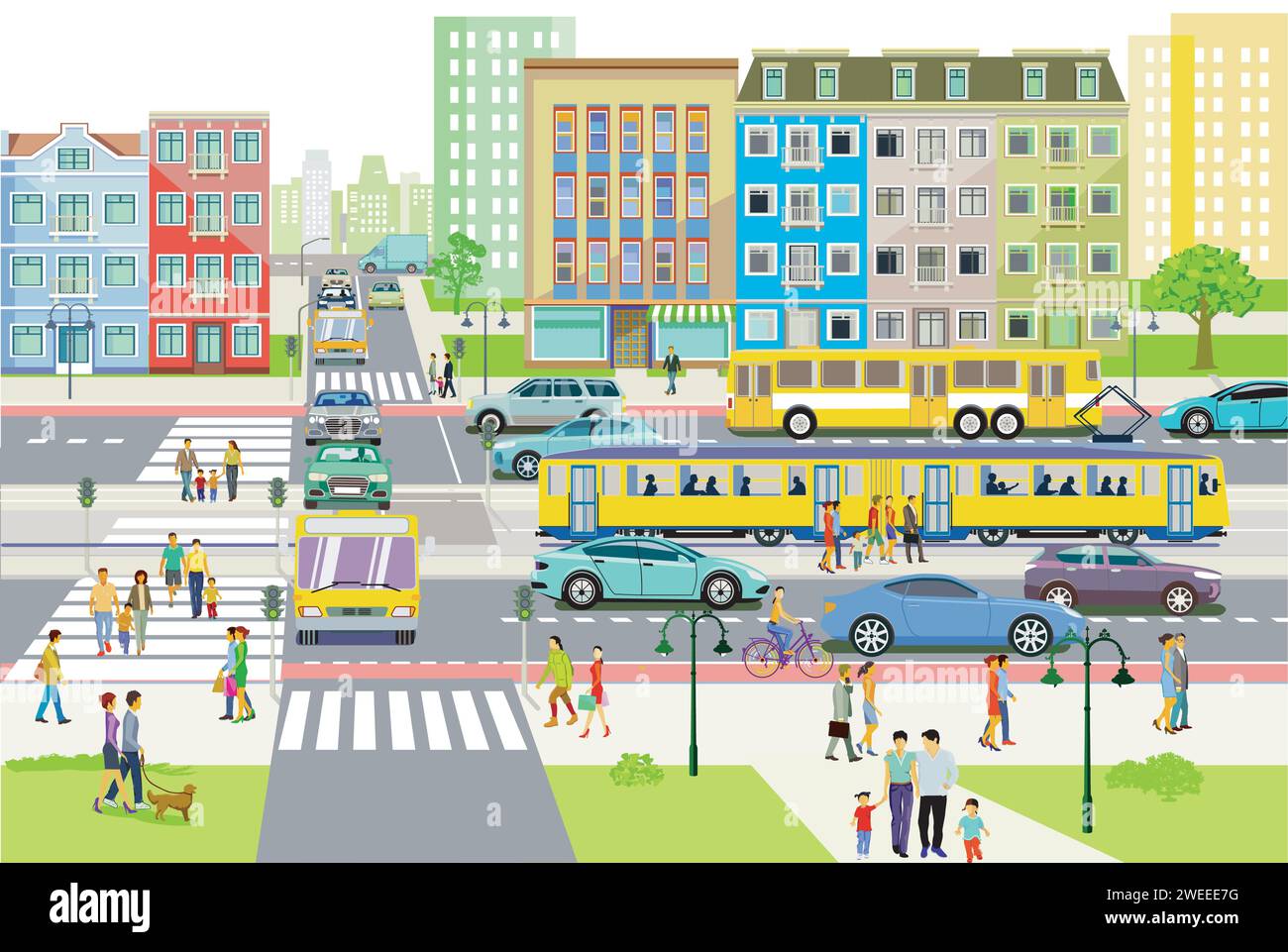 Silhouette de ville d'une ville avec trafic et personnes, illustration Illustration de Vecteur