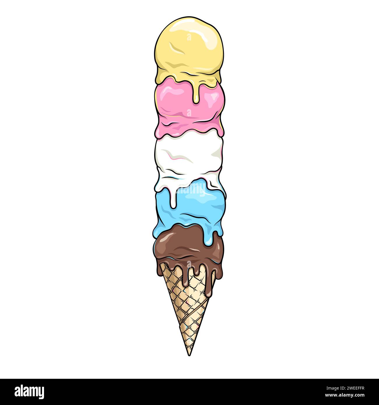 Beaucoup de boules de crème glacée fondant dans un cône de gaufre, dessin vectoriel Illustration de Vecteur