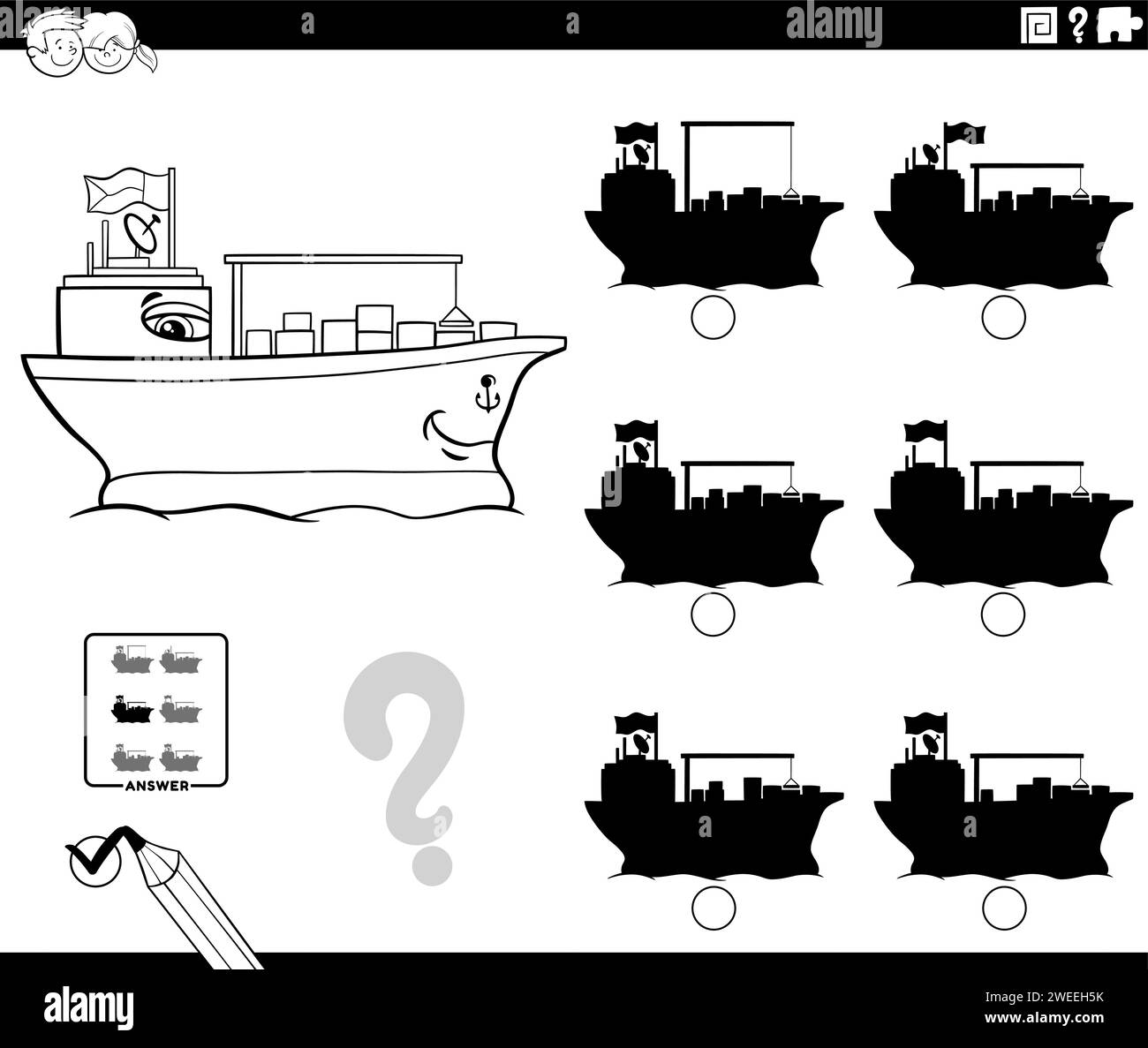 Illustration de dessin animé de trouver la bonne image à l'activité éducative d'ombre avec la page de coloriage de navire de conteneur Illustration de Vecteur