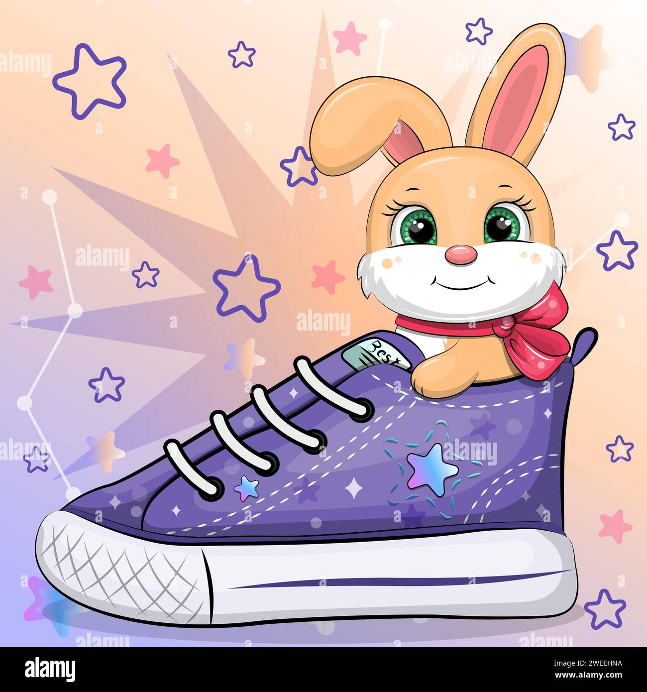 Un lapin de dessin animé mignon avec une sneaker. Illustration vectorielle d'un animal sur un fond coloré avec des étoiles. Illustration de Vecteur