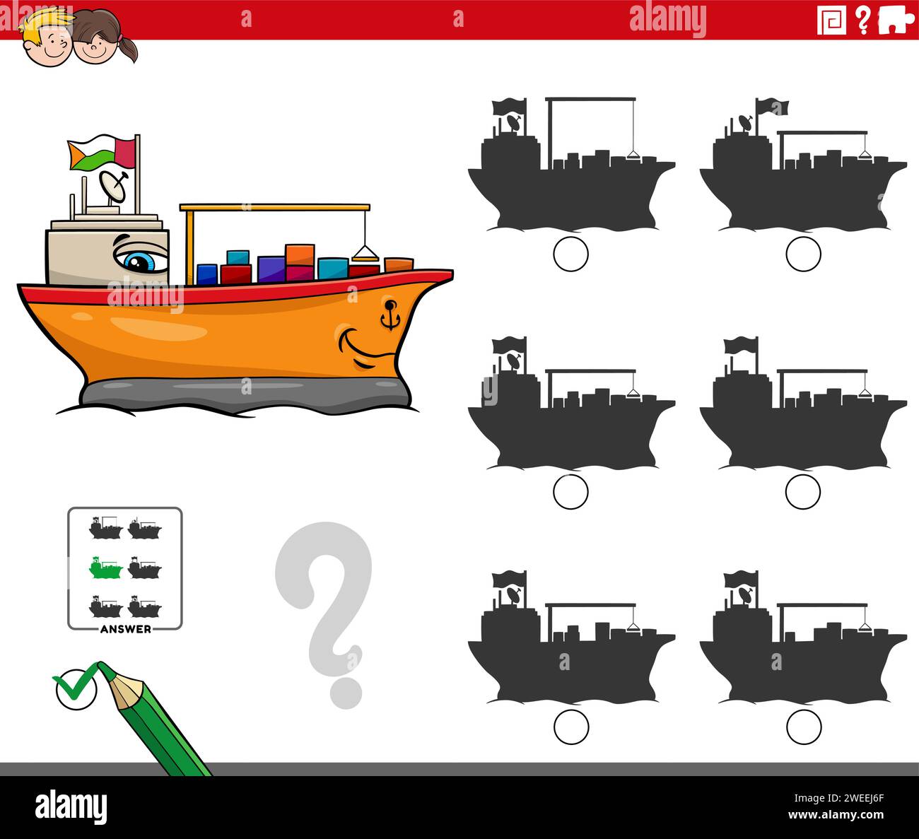 Illustration de dessin animé de trouver la bonne image à l'ombre de l'activité éducative avec le navire porte-conteneurs Illustration de Vecteur