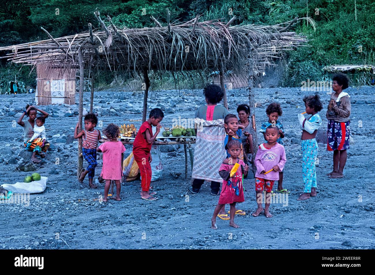 Peuple autochtone Aeta vendant du corossol au mont Pinatubo, Zambales, Luzon, Philippines Banque D'Images