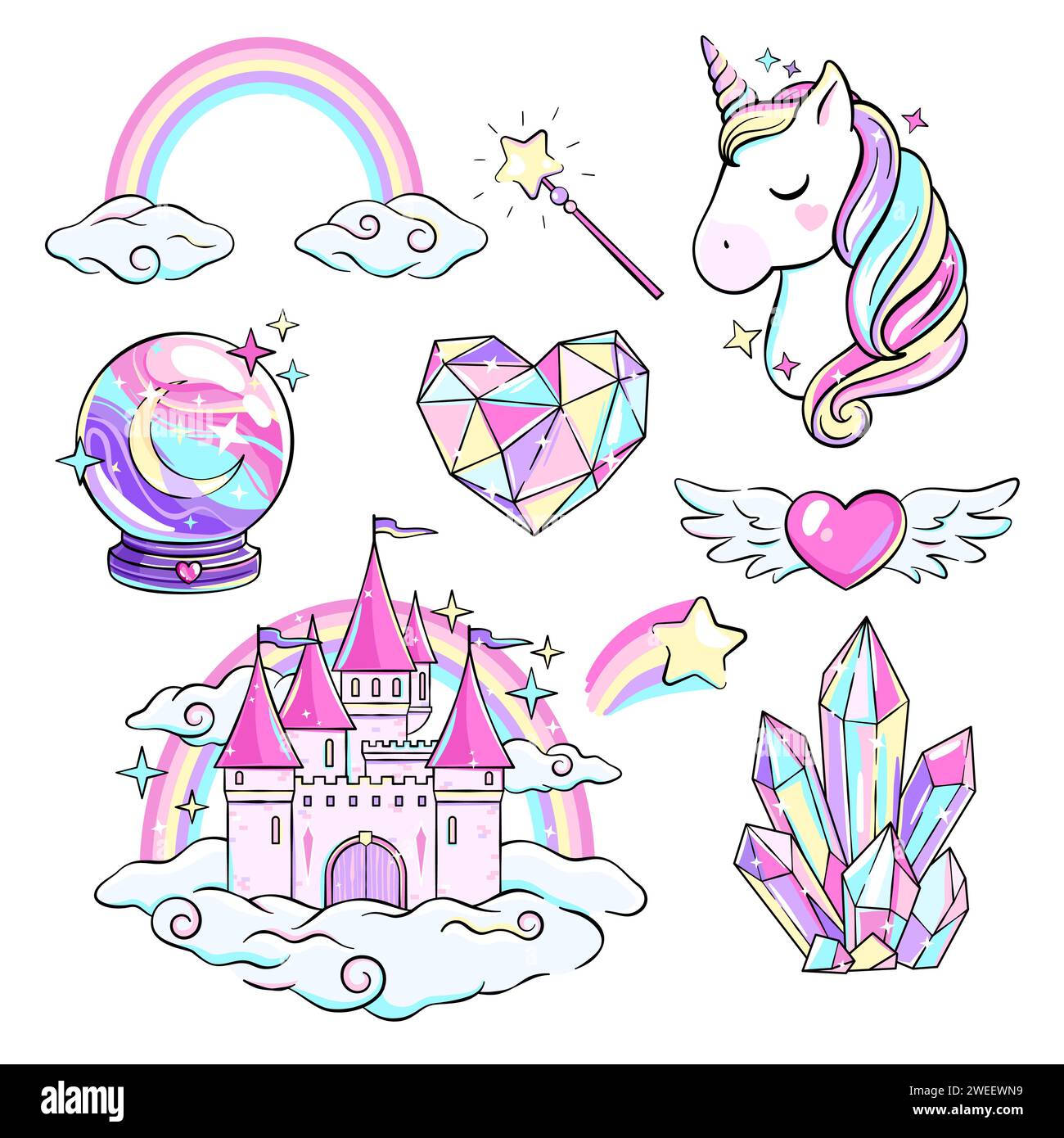 Ensemble d'arc-en-ciel, fantaisie, objets magiques en cristal, château, dessin vectoriel licorne Illustration de Vecteur