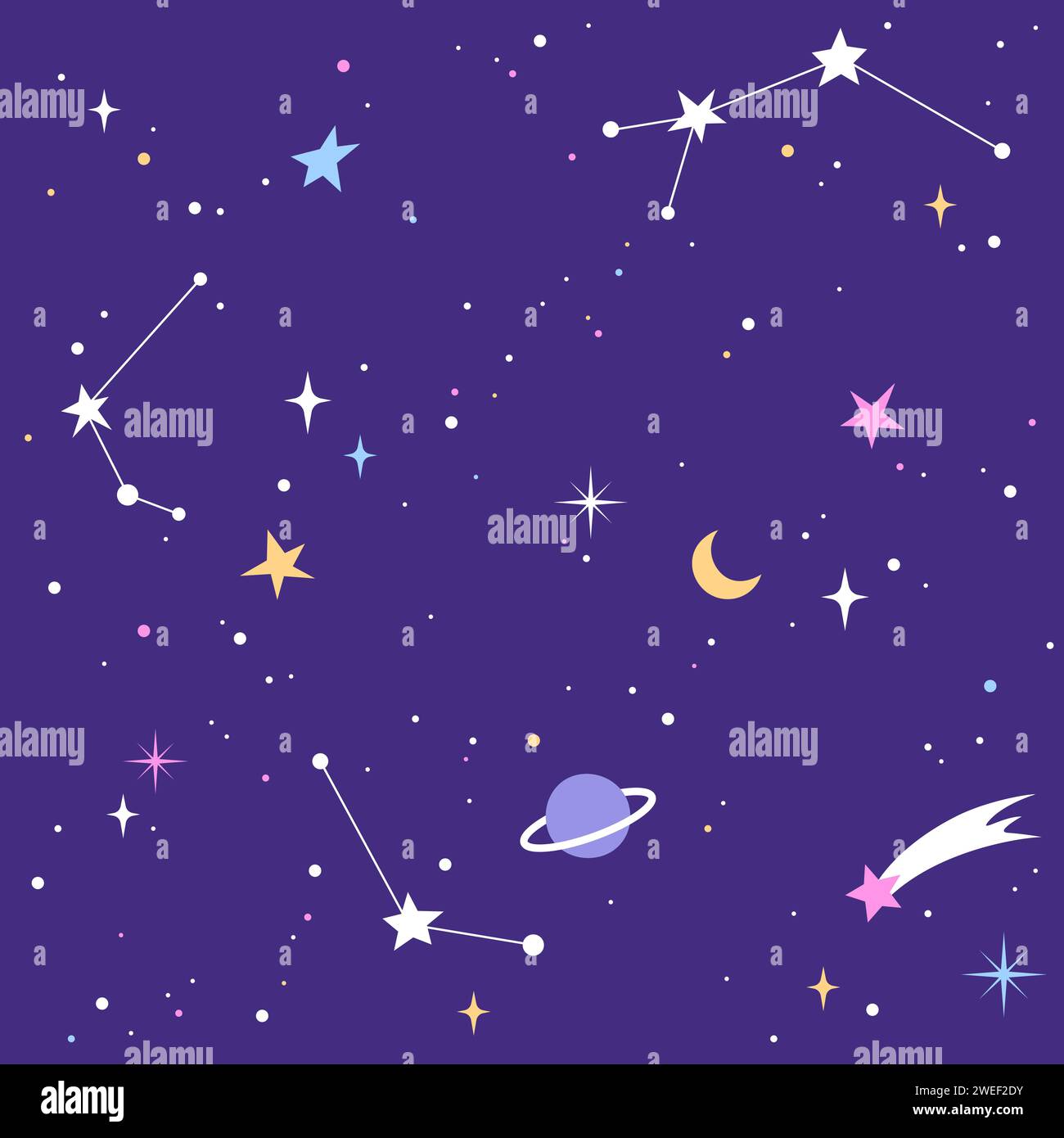 Étoiles et constellations motif sans couture. Arrière-plan d'espace simple. Ciel nocturne, illustration cosmique, dessin vectoriel. Illustration de Vecteur
