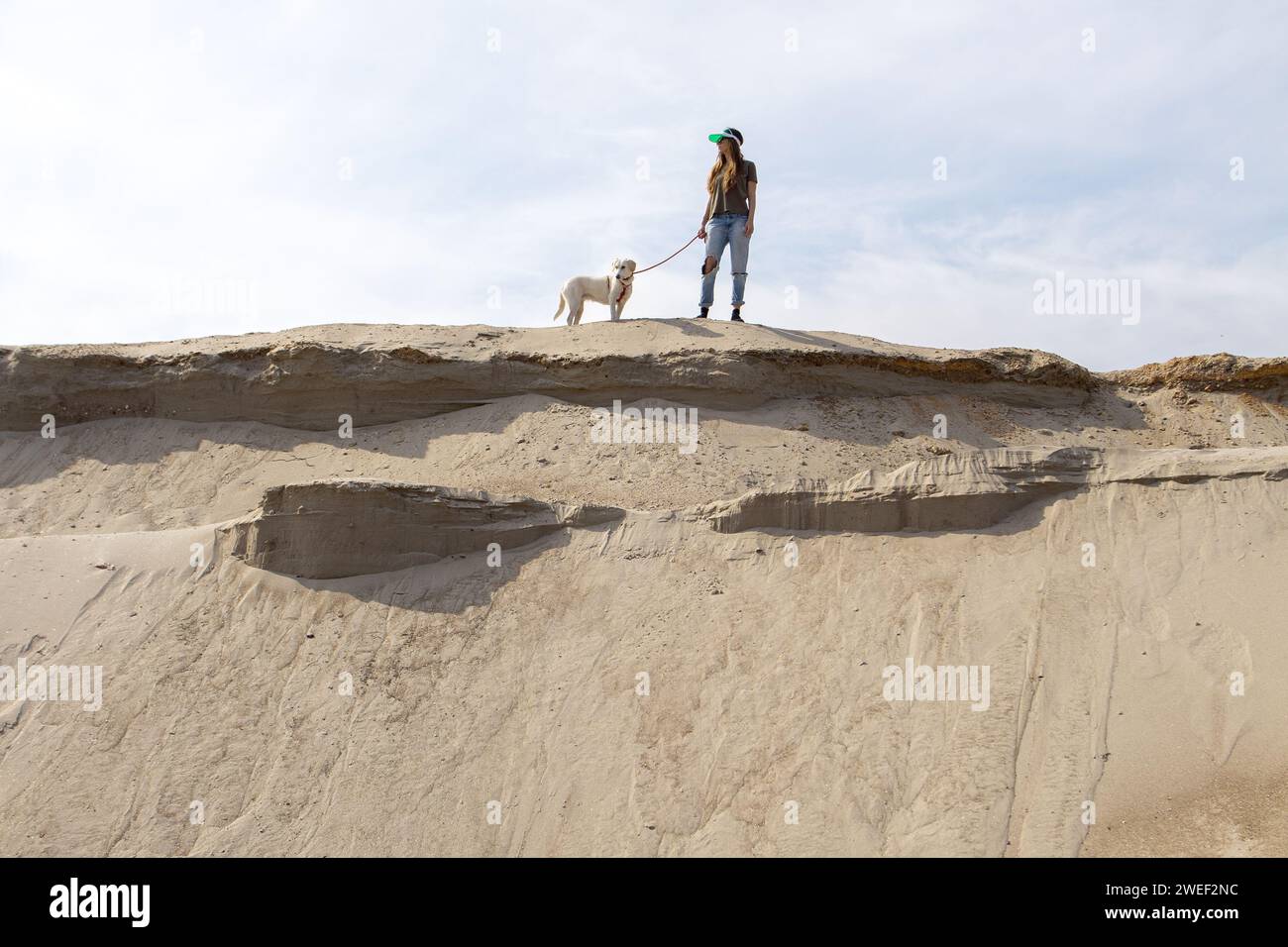 jeune femme marchant avec son chien sur le sable dans le désert Banque D'Images
