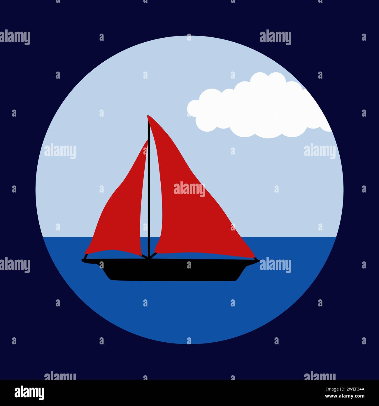 Voilier voiles dans l'illustration vectorielle de cadre carré rond dans un style minimaliste Illustration de Vecteur