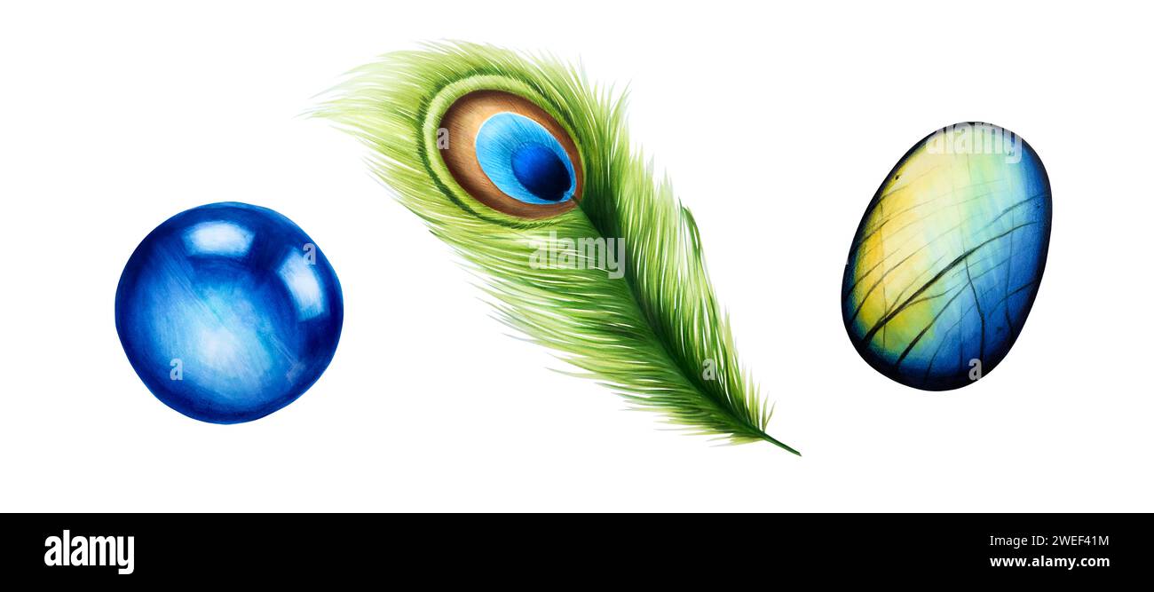 Aquarelle pierre dessinée à la main pour le troisième œil, le cœur et les chakras de la couronne, plume de paon. Labradorite, saphir et Blue Lace Agate. Guérison naturelle illust Banque D'Images