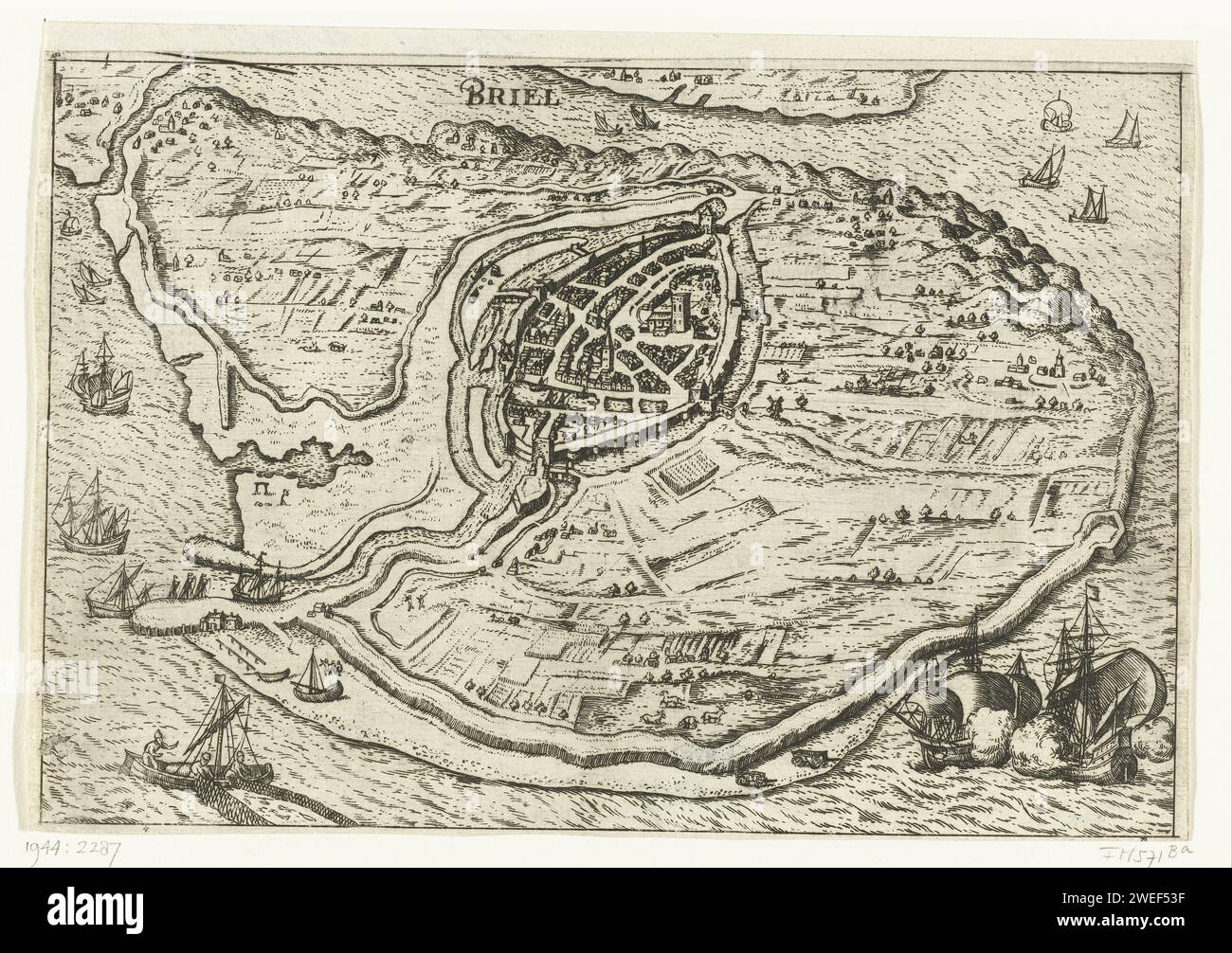 Carte de l'île de Voorne et carte de Brielle, 1572, Anonyme, 1609 - 1617 imprimer carte de l'île de Voorne avec une carte de Brielle Watergeuzen, qui a été prise le 1 avril 1572, dans une perspective à vol d'oiseau. En bas à gauche un bateau de pêche, au-dessous de deux navires de guerre. Imprimeur : Low Countriespublisher : Amsterdampublisher : Calaispublisher : Amsterdampublisher : Utrecht cartes de différents pays ou régions. Cartes des villes Brielle Banque D'Images