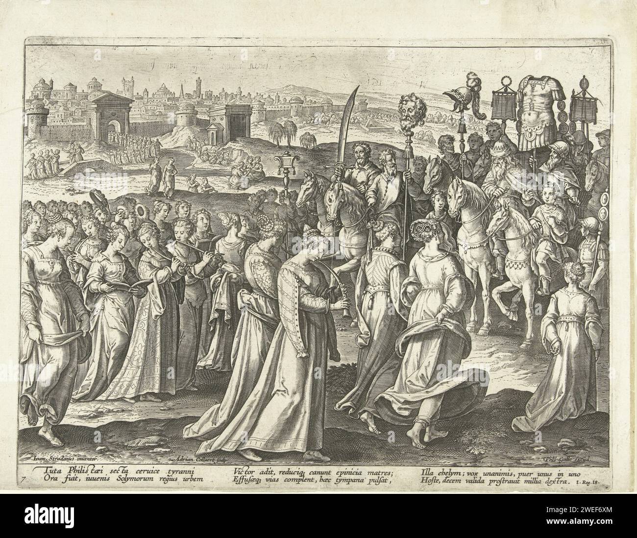 Davids Triumph, Adriaen Collaert, d'après Jan van der Straet, 1587 - 1591 print après la victoire de David contre Goliat et les Philistins, le roi Saul et David sont accueillis festivement par les femmes d'Israël (1 Samuel 18 : 6-7). L'armure et la tête de Goliat sont portées triomphalement. L'impression a une légende latine avec des vers. L'estampe fait partie d'une série de scènes de l'ancien Testament qui ont à voir avec la musique. Anvers gravure sur papier du triomphe de David : les femmes d'Israël sortent pour accueillir David, chantant, dansant, jouant tambourins et lyres ; David tenant la tête de Goliath Banque D'Images