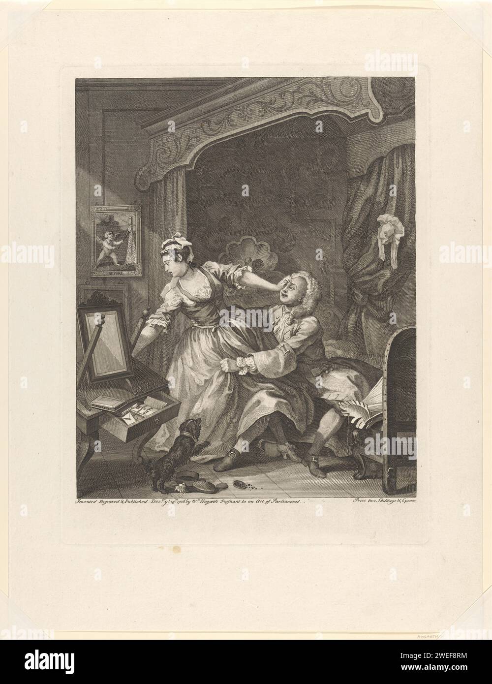 « Avant », William Hogarth, 1736 imprime le contenu dans le tiroir de la table de chevet qui tombe et le chien aux pieds de la femme indique une chasteté et une moralité chancelantes. Dans le tableau à côté de la canopée, Cupido pose une fusée pour illustrer ce qui est à venir. La femme semble repousser l'homme, mais s'est déjà dépouillée de son corset, qui se trouve sur la chaise à l'extrémité du pied. Papier gravure / gravure histoire d'amour infructueuse ; séduction. chasteté versus sensualité. courtise unilatérale ; poursuite ; choix difficile Banque D'Images