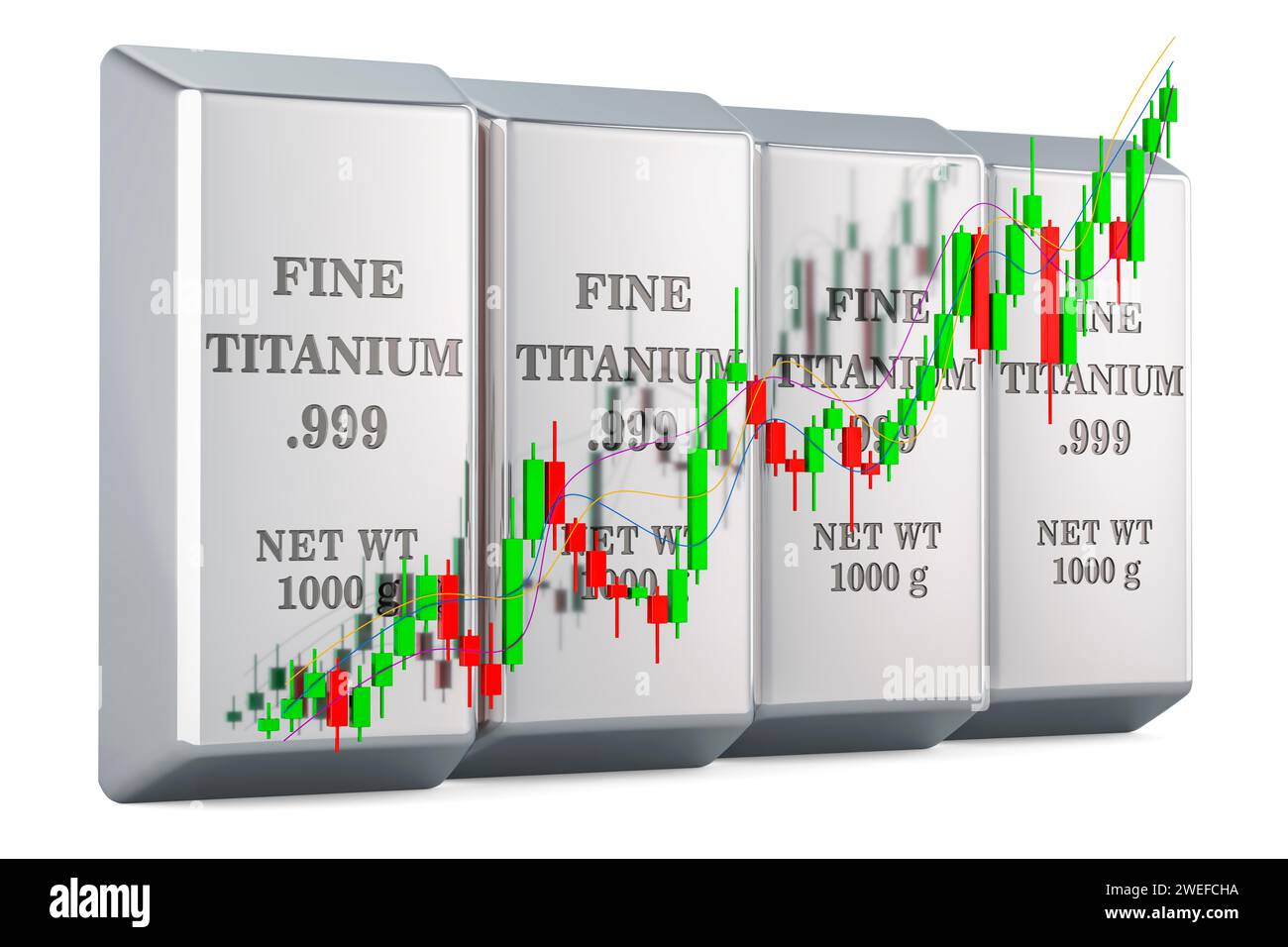 Barres de titane avec graphique en chandelier, montrant le marché de tendance haussière. Rendu 3D isolé sur fond blanc Banque D'Images