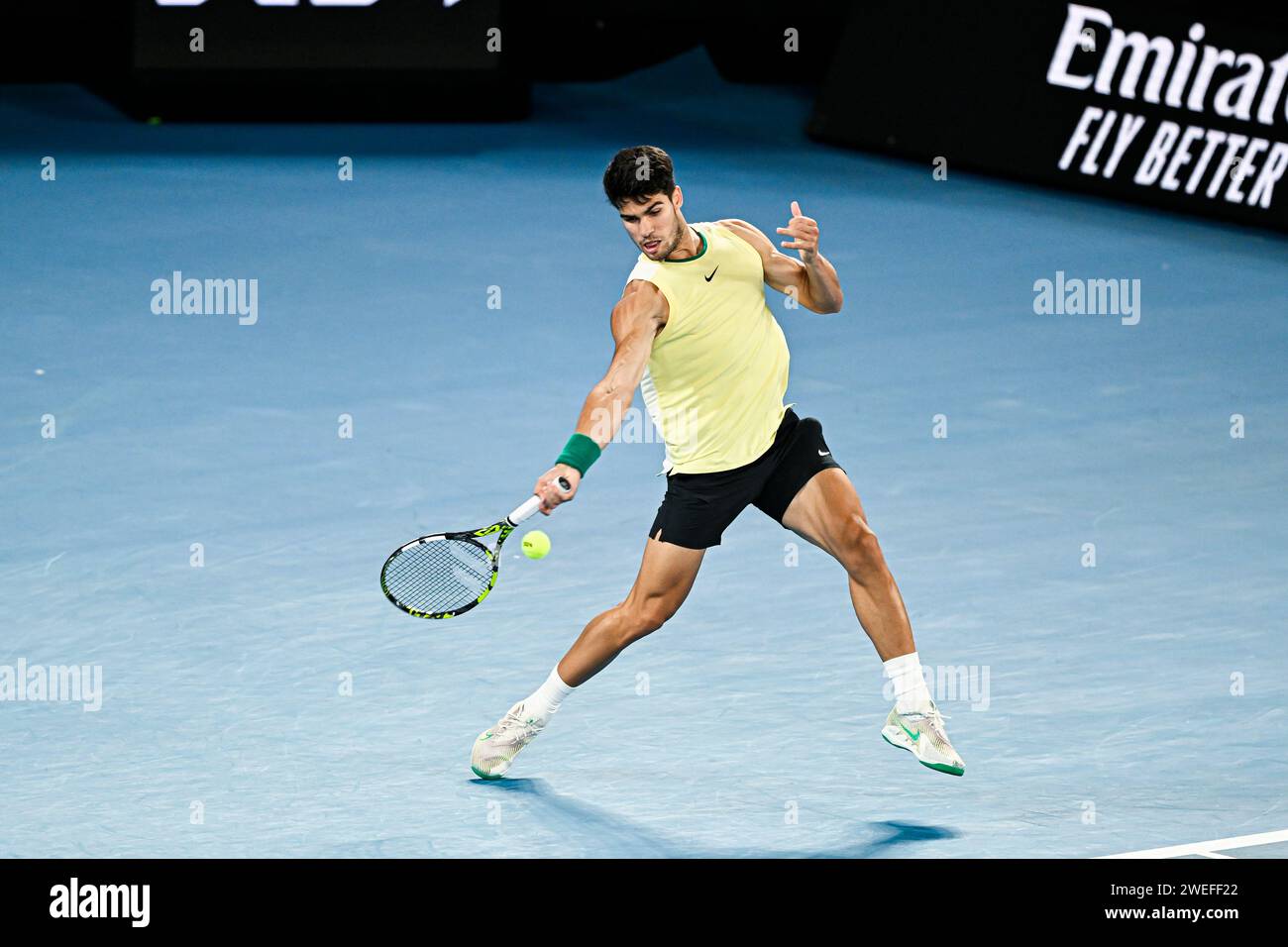 Paris, France. 24 janvier 2024. Carlos Alcaraz lors du tournoi de tennis Australian Open AO 2024 Grand Chelem le 24 janvier 2024 au Melbourne Park à Melbourne, en Australie. Crédit : Victor Joly/Alamy Live News Banque D'Images