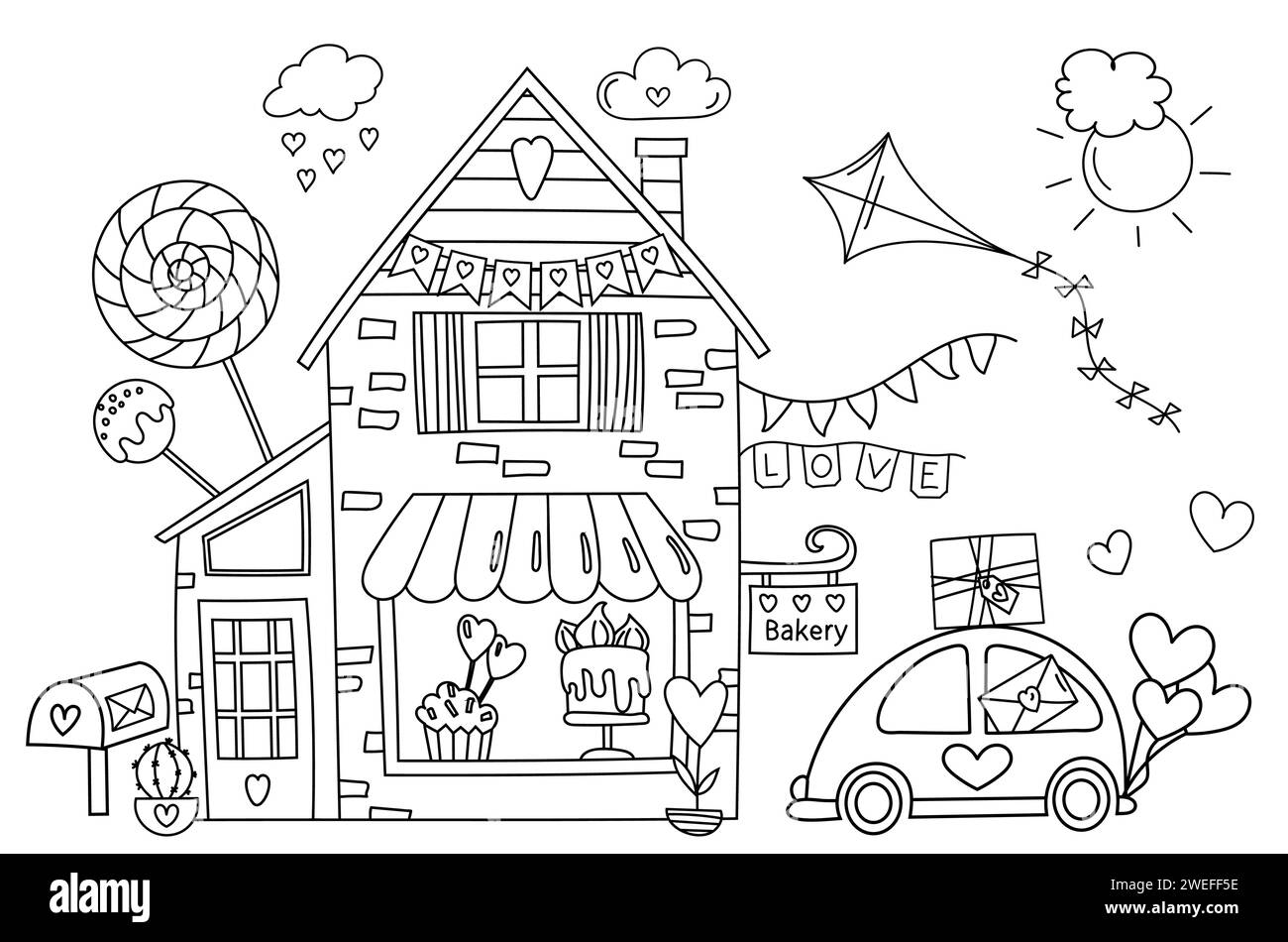 Coloriage - Illustration de boulangerie sucrée avec beaucoup de bonbons et Une voiture à proximité, gâteaux, bonbons - Livre de coloriage pour les enfants Illustration de Vecteur