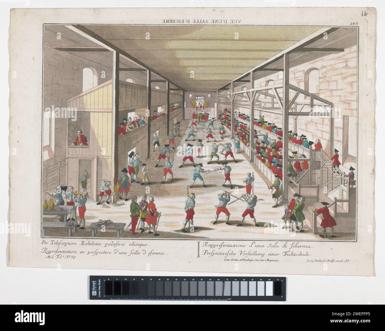 Vue d'une école d'écran, Georg Balthasar Probst, 1742 - 1801 imprimer un certain nombre d'hommes avec des armes dans une salle. Les chiffres regardent à gauche et à droite. Numéroté en haut à droite : 148. Numéroté en bas à gauche : 39. Editeur : Augsburgprint Maker : Germany Paper. aquarelle (peinture) gravure / clôture de pinceau (sport). éducation scolaire, frais de scolarité Banque D'Images