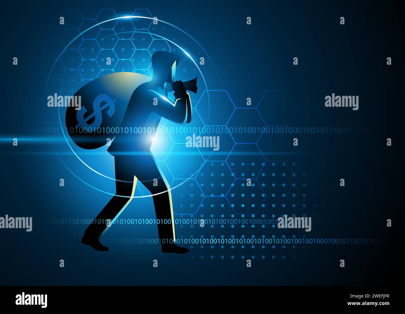 Illustration vectorielle d'un voleur portant grand sac plein d'argent liquide sur fond futuriste, concept de cybercriminalité, escroquerie et cybersécurité Illustration de Vecteur