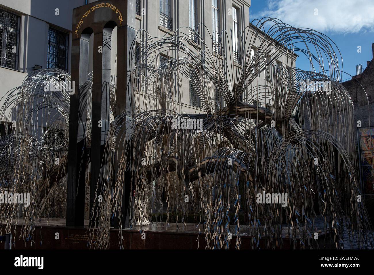 Budapest, Hongrie. 25 janvier 2024. Sculpture de saule pleureur grandeur nature avec les noms des victimes à l'arrière-cour de la synagogue. Holocaust Tree of Life Memorial il symbolise un saule pleureur et il se trouve à l'arrière-cour de la synagogue de la rue Dohany à Budapest, en Hongrie. Sculpture réalisée par Imre Varga en 1990 pour les souvenirs des 600000 Juifs hongrois tués par les nazis et leurs collaborateurs pendant la Seconde Guerre mondiale. Crédit : SOPA Images Limited/Alamy Live News Banque D'Images
