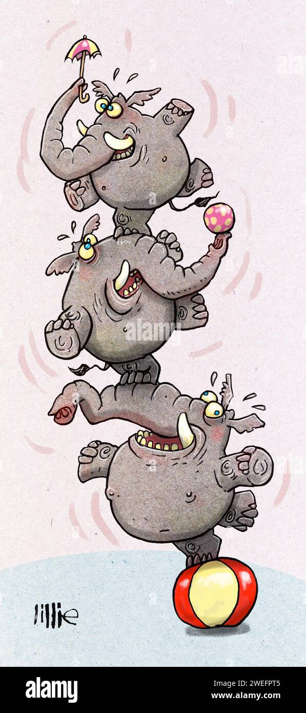 Art, trois éléphants en équilibre sur un ballon, tenant un parapluie, illustrant le mot équilibre, ou le concept des éléphants de cirque, des animaux de spectacle. Banque D'Images