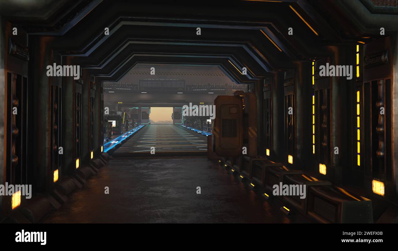 Tunnel atmosphérique sombre à l'intérieur d'un bâtiment futuriste de la station spatiale de science-fiction. Rendu 3D. Banque D'Images