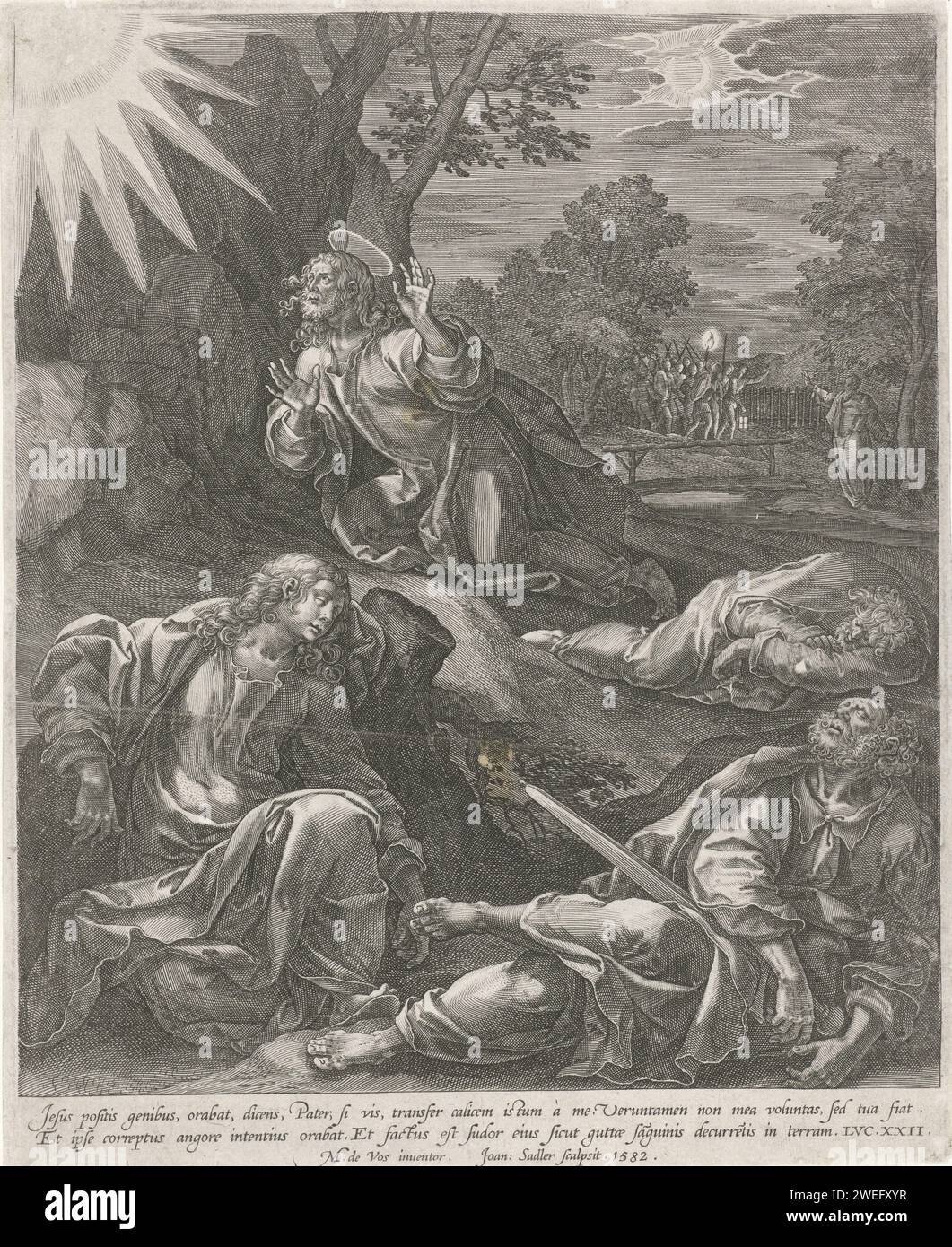 Christ dans le jardin de Getsemane, Johann Sadeler (I), d'après Maerten de vos, 1582 imprimer le Christ priant et les apôtres endormis dans le jardin de Getsemane. Un faisceau lumineux dans le coin supérieur gauche. En arrière-plan, Judas entre à Getsémane avec les soldats. L'impression a une légende latine avec un texte de la Bible et est la deuxième impression d'une série de quatorze parties sur la passion du Christ. Papier anversois gravant la prière du Christ dans le jardin de Gethsémani pendant la nuit Banque D'Images