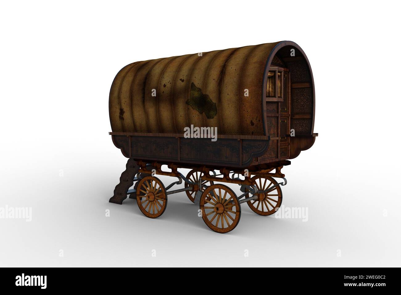 Caravane gitane Romany marron vintage avec toit teinté vu de la perspective arrière. Illustration 3D isolée sur fond blanc. Banque D'Images