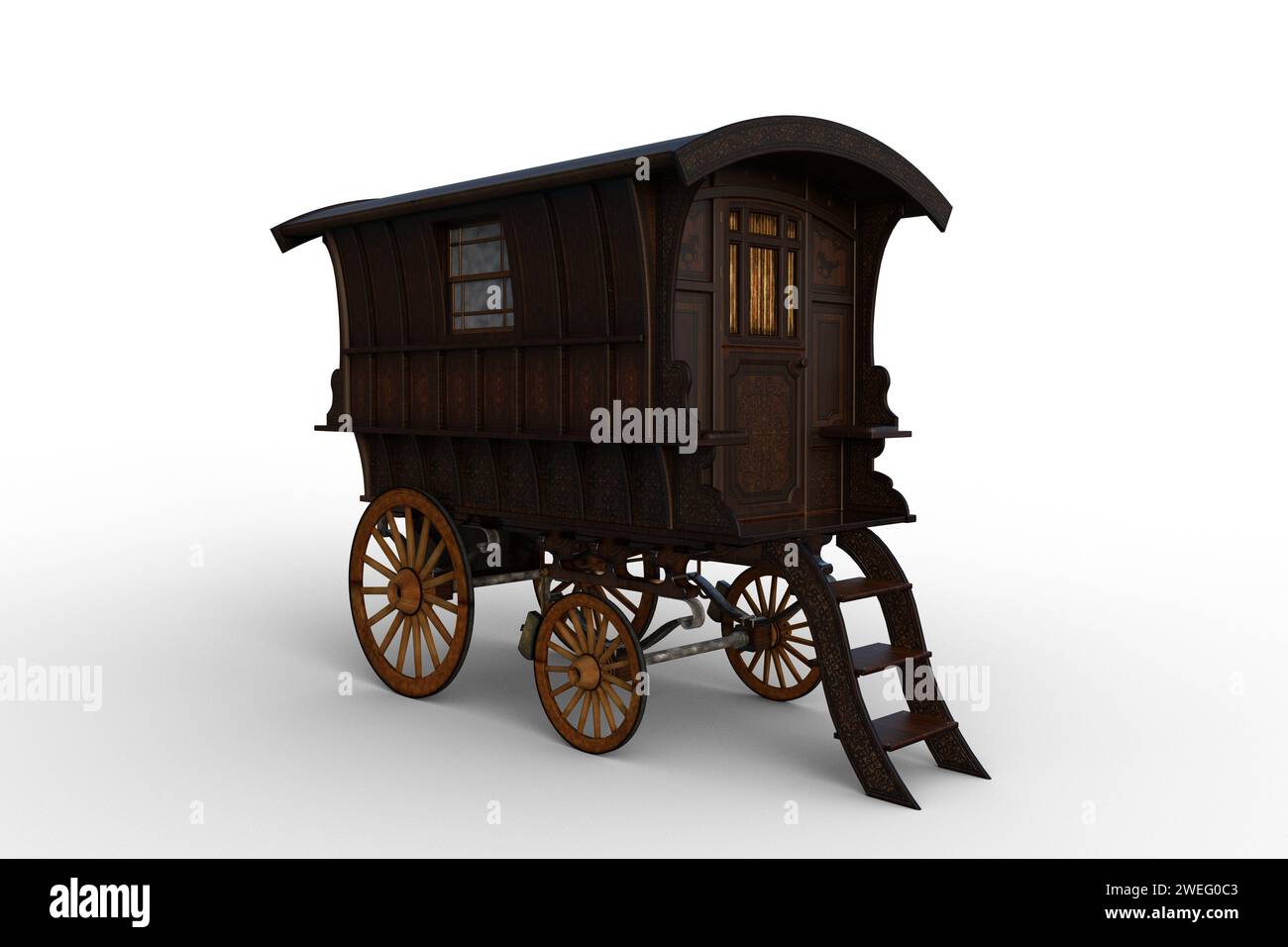 Caravane gitane Romany en bois vintage garée avec des marches menant à la porte. Illustration 3D isolée sur fond blanc. Banque D'Images