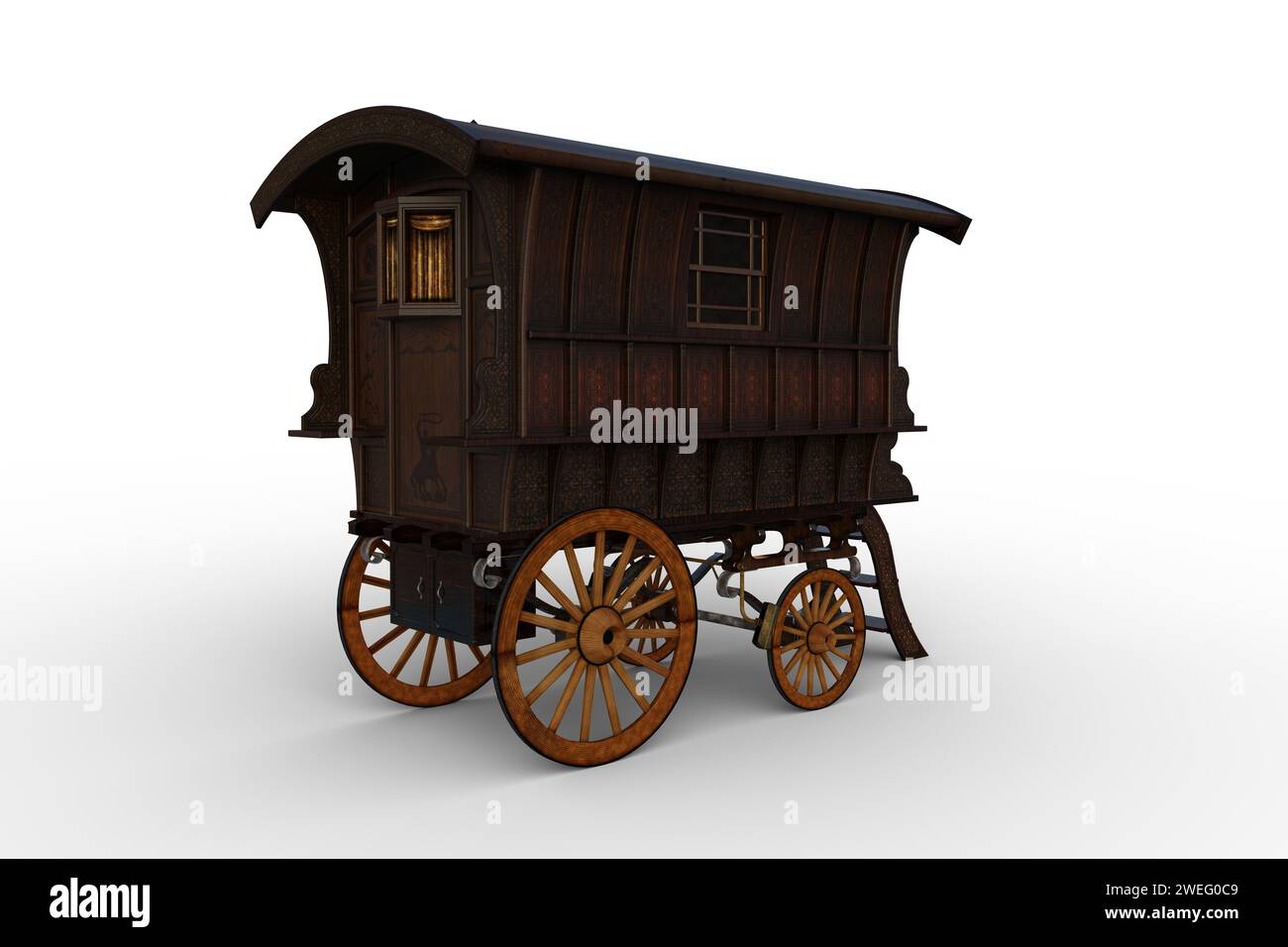 Caravane gitane Romany en bois vintage garée vue de la perspective arrière. Illustration 3D isolée sur fond blanc. Banque D'Images
