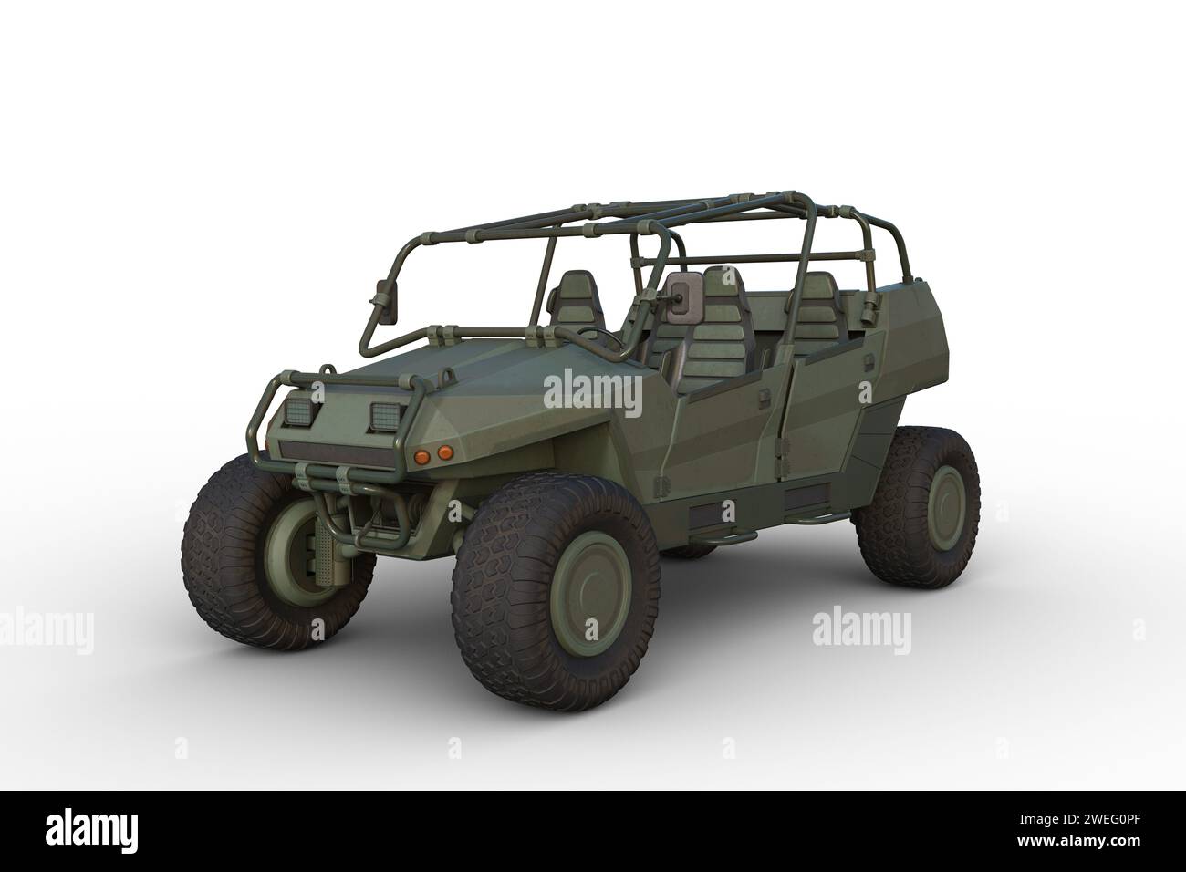 Illustration 3D d'un véhicule militaire tout terrain vert isolé sur fond blanc. Banque D'Images