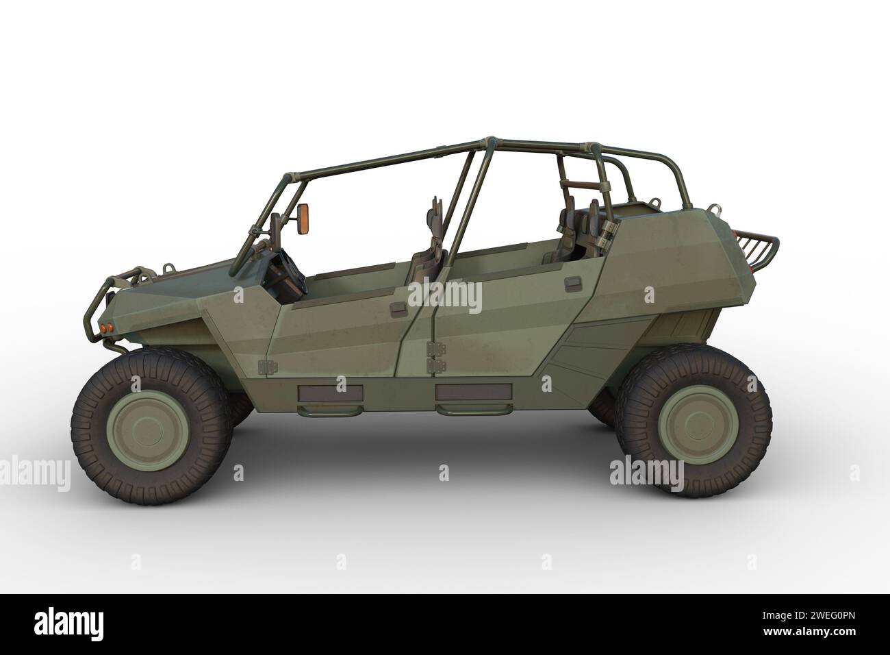 Vue de côté illustration 3D d'un véhicule militaire tout terrain isolé sur fond blanc. Banque D'Images
