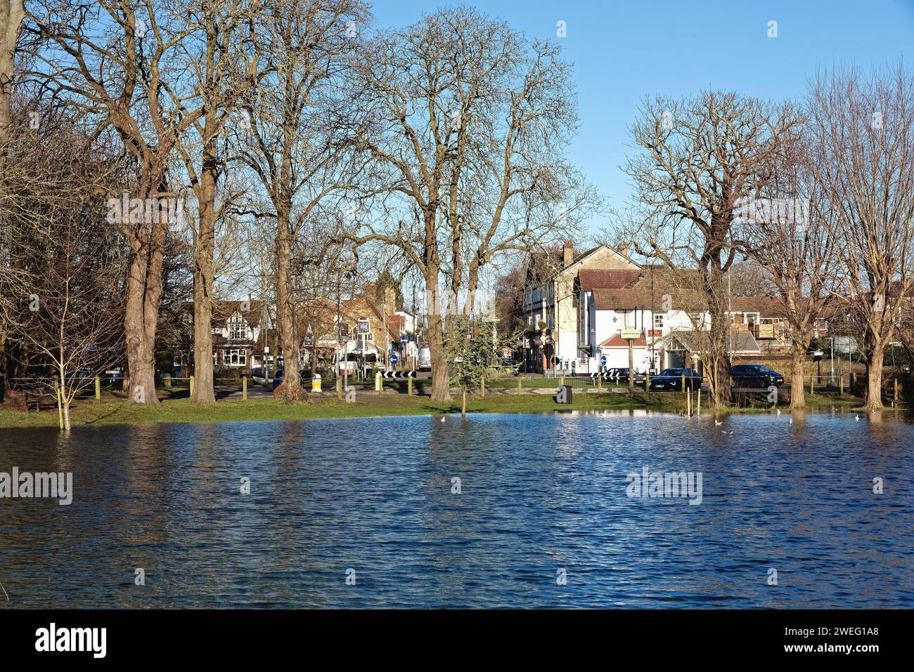 Un Manor Park inondé causé par des tempêtes hivernales à Shepperton un jour ensoleillé d'hivers Surrey Angleterre Royaume-Uni Banque D'Images