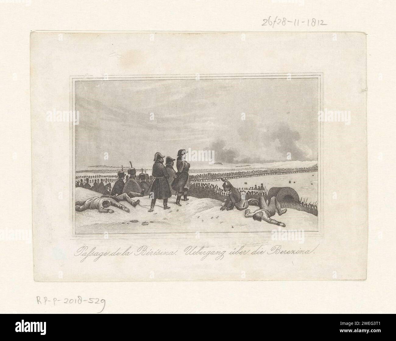 Bataille de la Berezina, 1812, Anonyme, 1821 - 1899 imprimer bataille de la Berezina, en traversant la rivière à travers les troupes françaises, 14-18 septembre 1812. Sous le spectacle de Titels en français et allemand. Fait partie d'un groupe de douze illustrations. armée de gravure sur papier acier 'en route'. traverser une rivière. Glace ~ temps glacial Berezin Banque D'Images