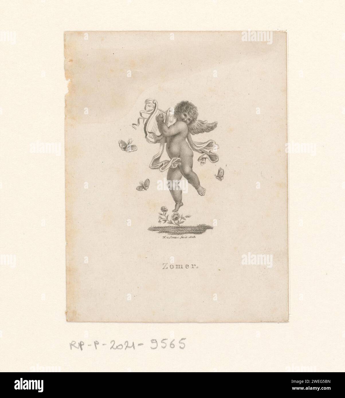 Putto avec Lier comme été, Willem van Senus, 1808 papier gravure Cupids : 'Love' 'Amoretti' 'Putti'. Summer, 'Summer' ; 'Estate' (banque). Lyre, harpe, harpe. Insectes : papillon Banque D'Images