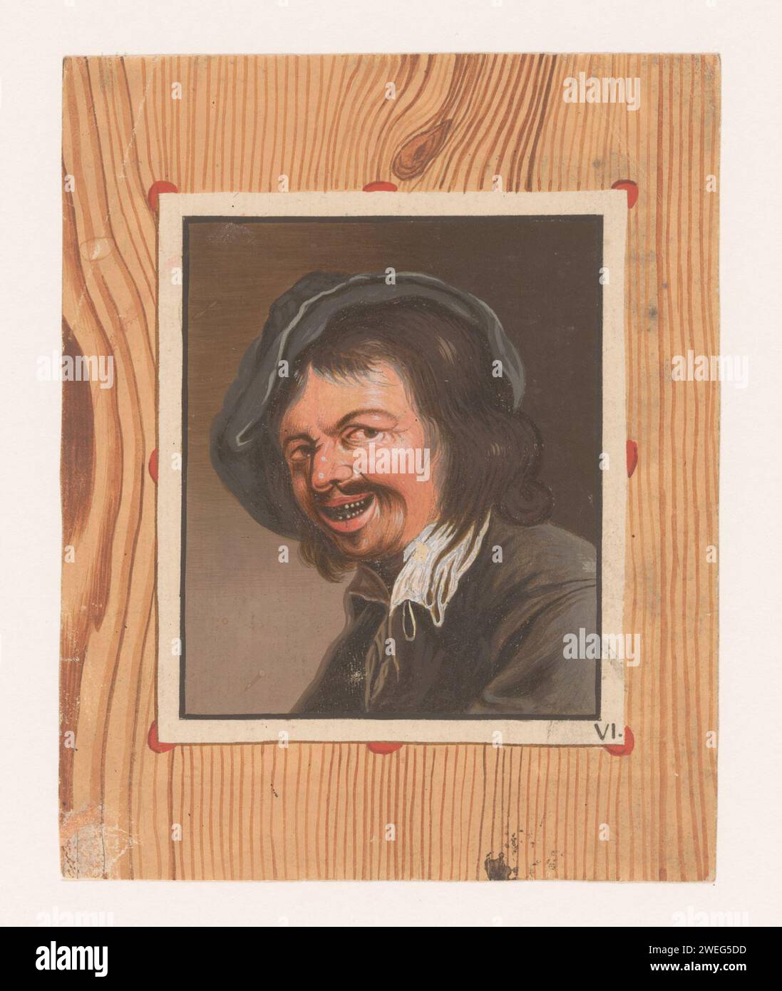 Laughing Men's Head, Anonymous, 1740 - 1760 print trompe l'oeil : comme si la feuille avec le spectacle contre un mur en bois a été attachée. gravure sur papier 'illusion optique'. Riant Banque D'Images