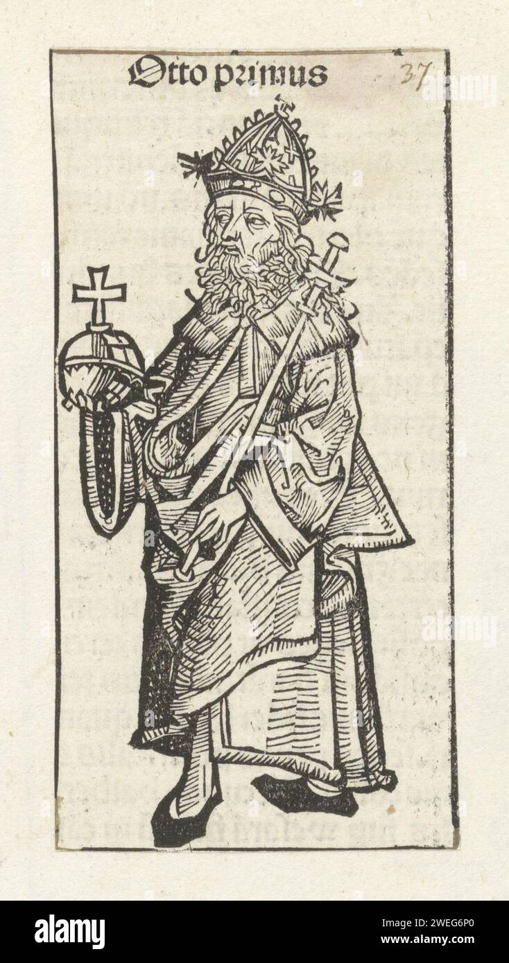 Keizer Otto I le Grand, Michel Wolgemut (atelier de), 1493 imprimer Un roi avec pomme de gouvernement et sceptre, dos. Le spectacle fait partie de surprise Keizers dans le Liber Chronicarum. En tant qu'empereur Otto Ier, le texte identifie l'homme le plus grand. L'impression fait partie d'un album. impression typographique en papier. emperor Banque D'Images