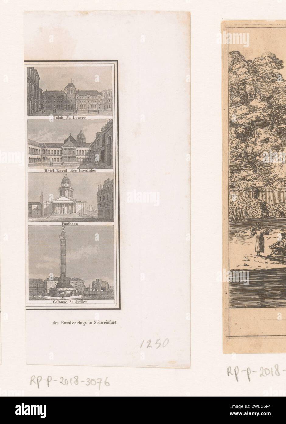 Quatre visages dans des lieux à Paris, Anonyme, c. 1830 - c. 1850 imprimer quatre images de lieux à Paris l'une au-dessus de l'autre : Palais du Louvre ; Hôtel Royal des Invalides ; Panthéon ; colonne de juillet. Sous les images le texte : des Kunstverlags in Schweinfurt. gravure de papier vue sur la ville, et paysage avec des constructions artificielles. architecture civique ; édifices ; habitations. palais Paris Banque D'Images