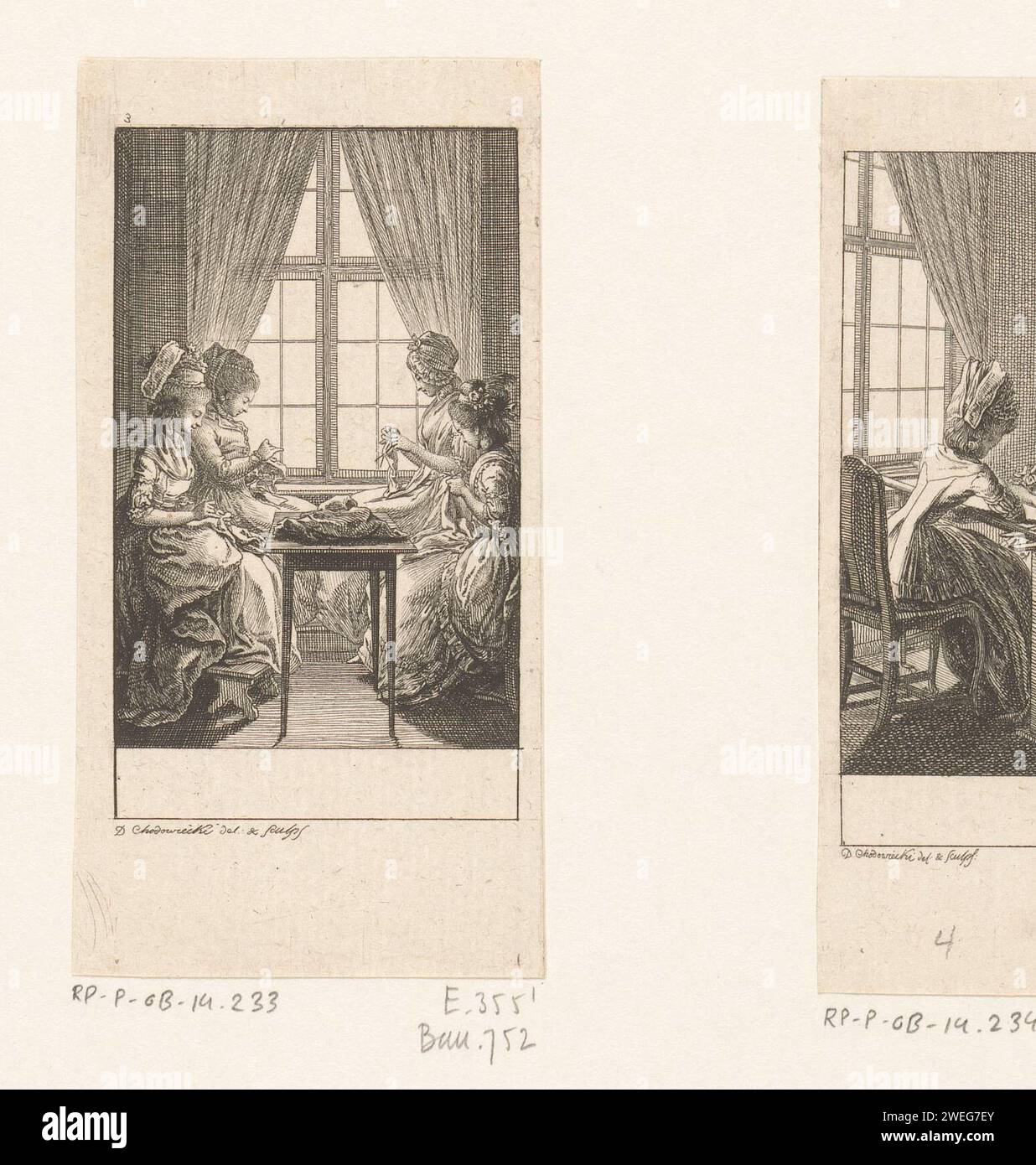 Femmes de couture, Daniel Nikolaus Chodowiecki, 1780 impression en haut à gauche numérotée : 3. couture de gravure de papier Banque D'Images