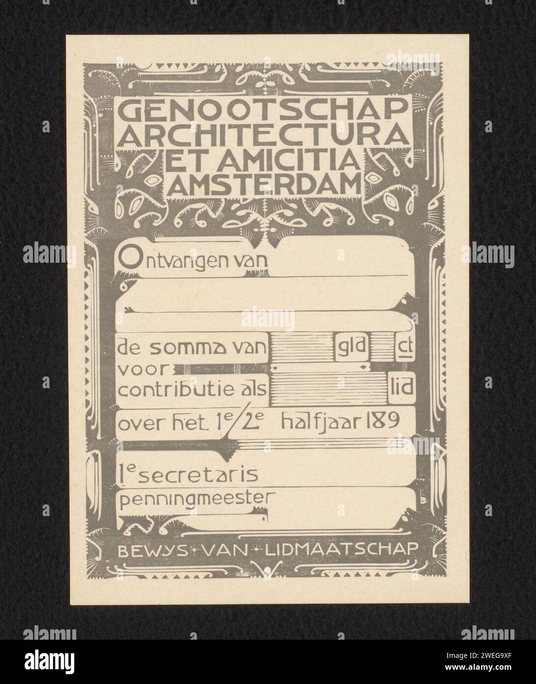 Kwitantie van architecture et amitié, Karel Peter Cornelis de Bazel, 1897 imprimer Un reçu de la Société Architectura et Amicitia à Amsterdam, qui a également servi de preuve d'adhésion. L'espace adresse d'une carte postale sur le verso. chèque papier, traite, lettre de change Banque D'Images