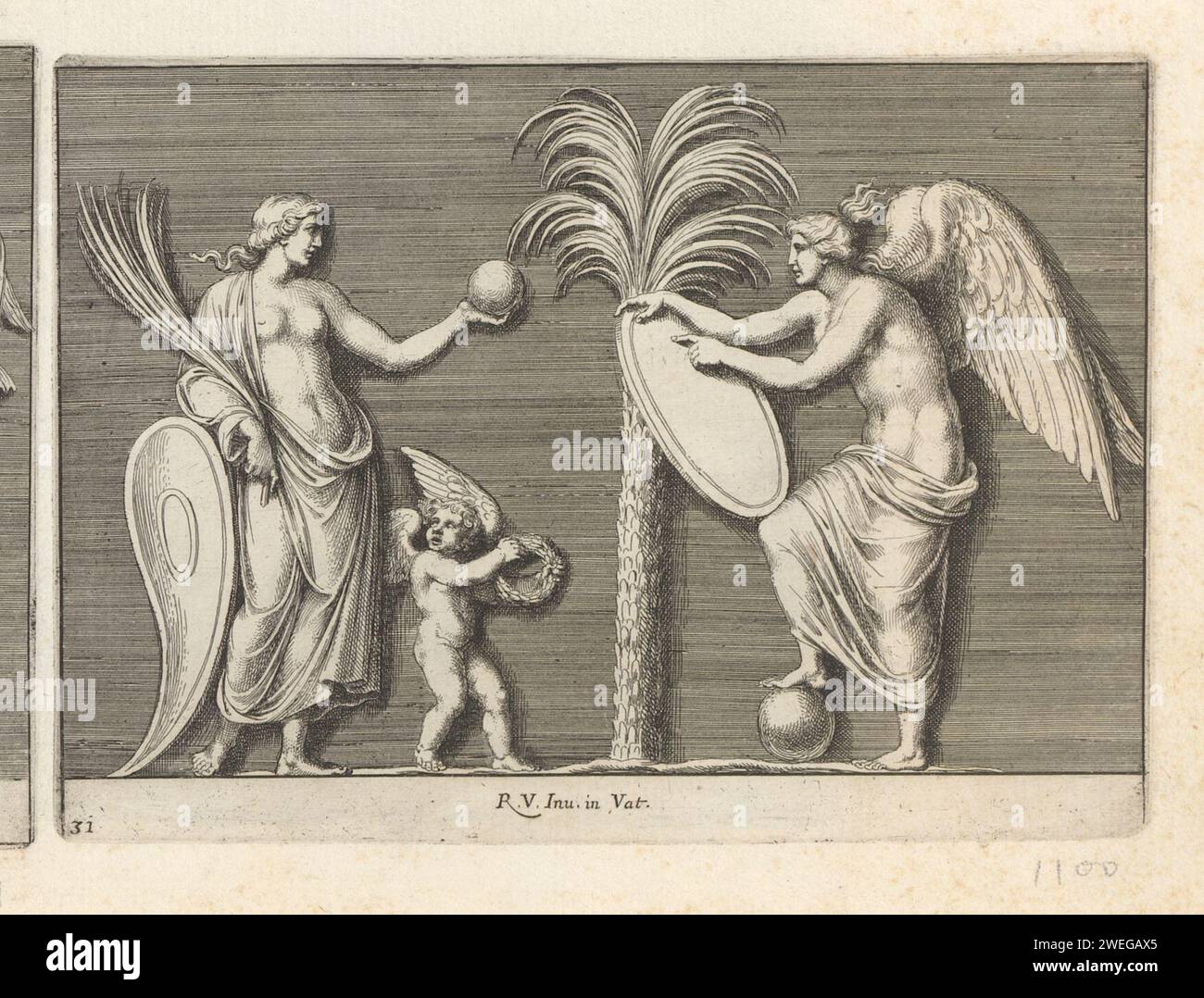 Vénus, Amor in Victorie, Pietro Sante Bartoli, d'après Rafaël, 1645 - 1700 print Vénus, Amor et Victorie debout près d'un palmier. L'impression fait partie d'un album. Gravure sur papier / gravure Vénus et Cupidon (Cupidon n'étant pas un simple attribut). Victoire Banque D'Images