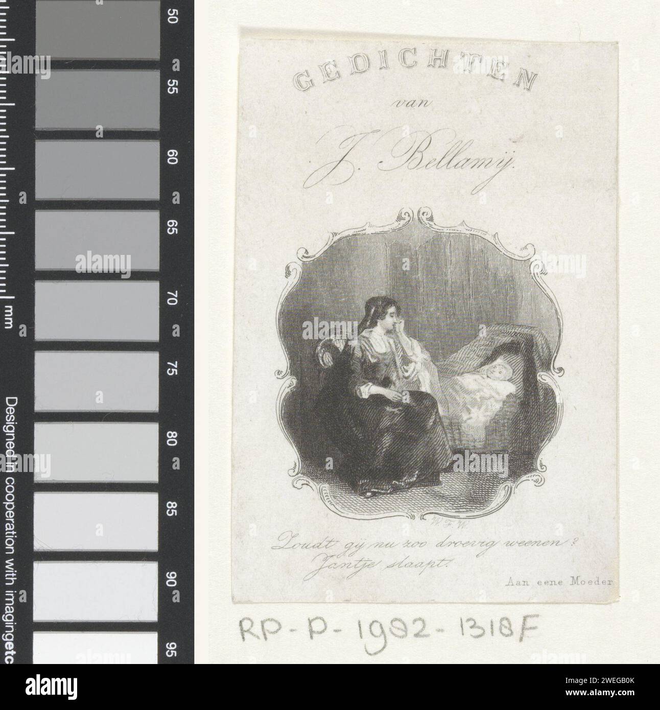 Mère assise dans le lit de l'enfant, 1852 imprimer Une mère est assise au pied du pied de son fils endormi. gravure papier acier mère et fils (groupe familial) Banque D'Images