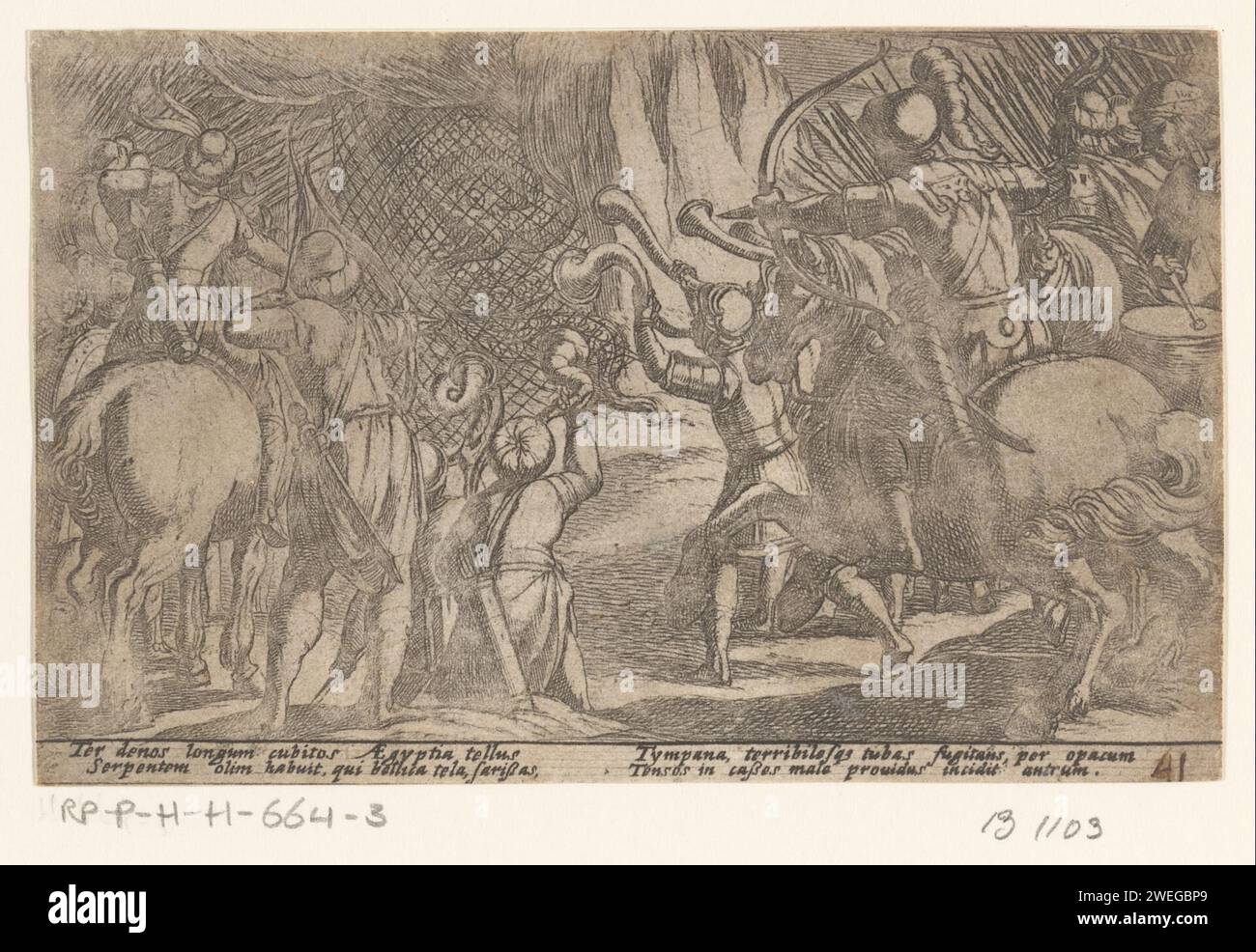 Les chasseurs attrapent un serpent géant, Antonio Tempesta, 1605 imprimer un groupe de chasseurs attrapent un serpent géant dans un filet. Texte en latin en STUDMARGE. chasseur de gravures de papier. Chasseurs chassant (N.B. : en 1988-1990, cette notation désignait le concept de 43C11421 'chasseurs se reposant pendant la chasse'). serpents. monstres plus grands que la normale Banque D'Images