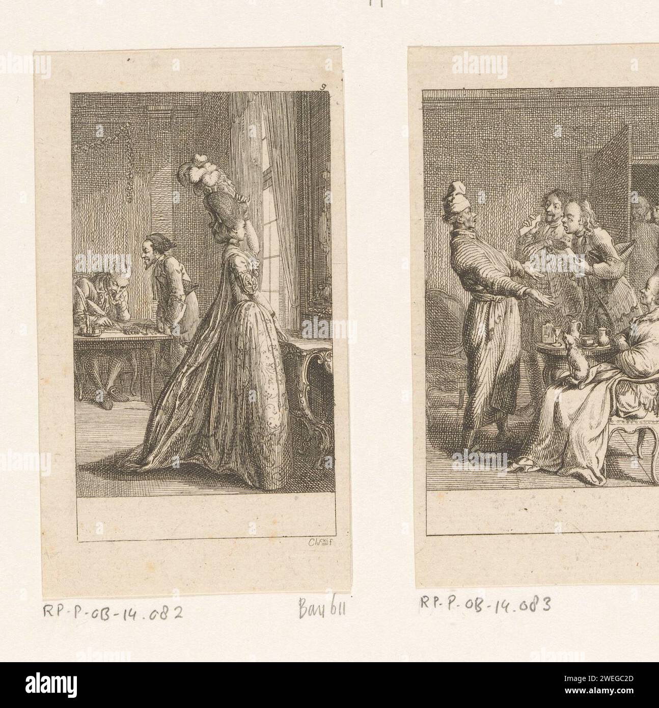 Refuge habituel, Daniel Nikolaus Chodowiecki, 1779 imprimer les finances du baron von Ilow, qui parlent à Herz Moses, un prêteur en arrière-plan. Luise tourne son regard et inspecte sa coiffure dans le miroir. Numéroté en haut à droite : 9. Gravure de papier regardant dans le miroir ; (peut-être : contemplation de sa propre beauté - AA - (pour) les femmes). prêteur d'argent, usurier. Les Juifs, la vie juive Banque D'Images