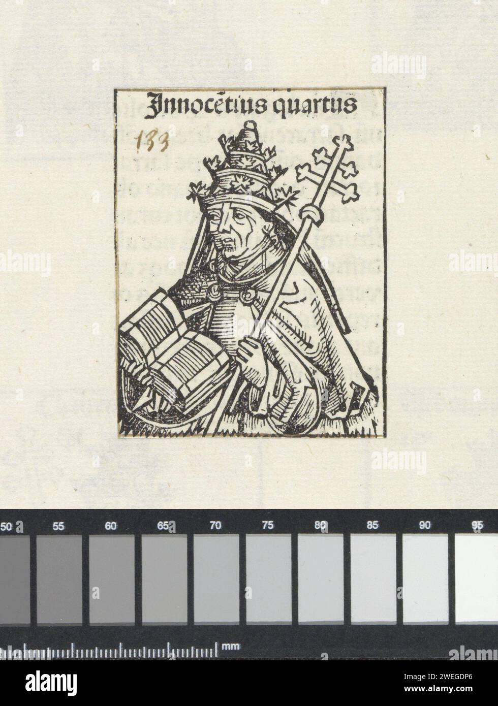 PAUS Innocentius IV, Michel Wolgemut (atelier de), 1493 imprimer Un défi floral avec un pape. Il porte une tiare et a un livre ouvert et un bâton avec une double croix dans ses mains. La performance fait partie des papes de succession dans le Liber Chronicarum. Le texte identifie l'homme comme Innocent IV L'impression fait partie d'un album. plaque d'impression typographique en papier Banque D'Images