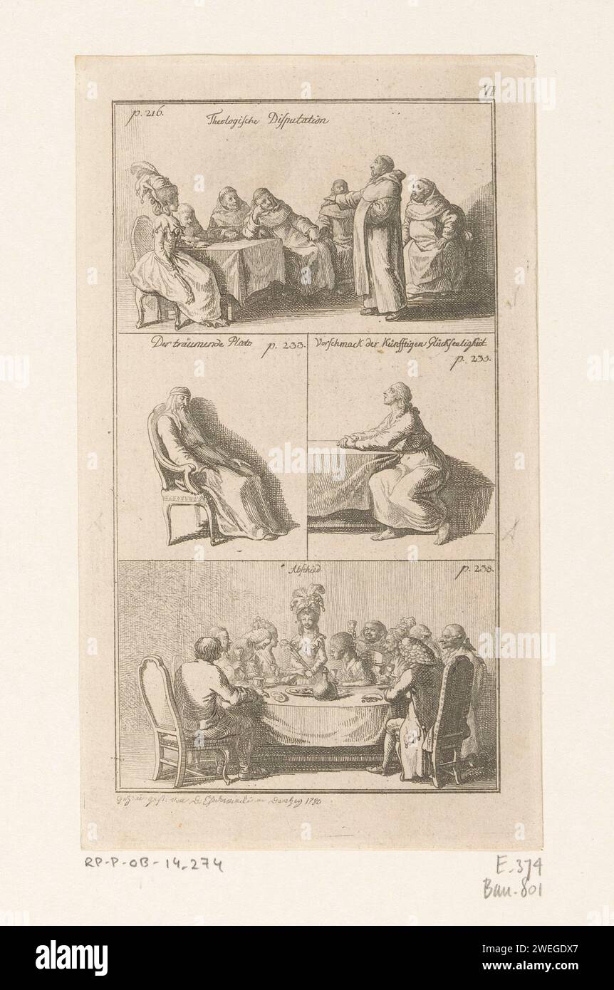 Feuille de la louange de la folie, Daniel Nikolaus Chodowiecki, 1780 impression feuille avec quatre illustrations encadrées, chacune appartenant à une partie de texte séparée. Être représenté : la dispute théologique, le Platon rêvant, le bonheur des artistes et l'adieu. Numéroté en haut à droite : VI Gravure sur papier 'Philosophia' discutant avec philosophe. Folie, folie ; 'Pazzia', 'Sciocchezza', 'Stoltitia' (Ripa). boule. érudit, philosophe. prendre congé Banque D'Images