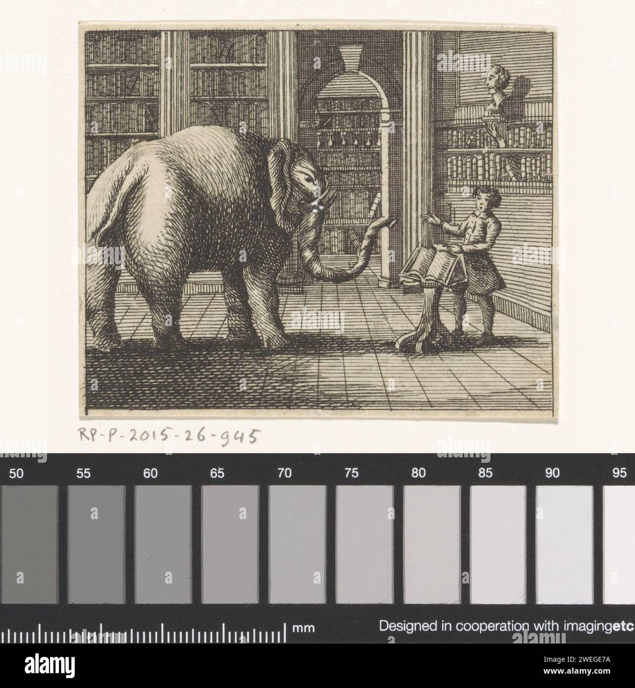 Éléphant et le libraire, Anonyme, d'après William Kent, 1739 - 1799 imprimer dans un intérieur plein de bibliothèques il y a un éléphant pour un livre ouvert sur un bureau avec le libraire derrière lui. gravure de papier animaux à ressources partagées : éléphant. librairie, libraire. étagères. lutrin  lecture Banque D'Images