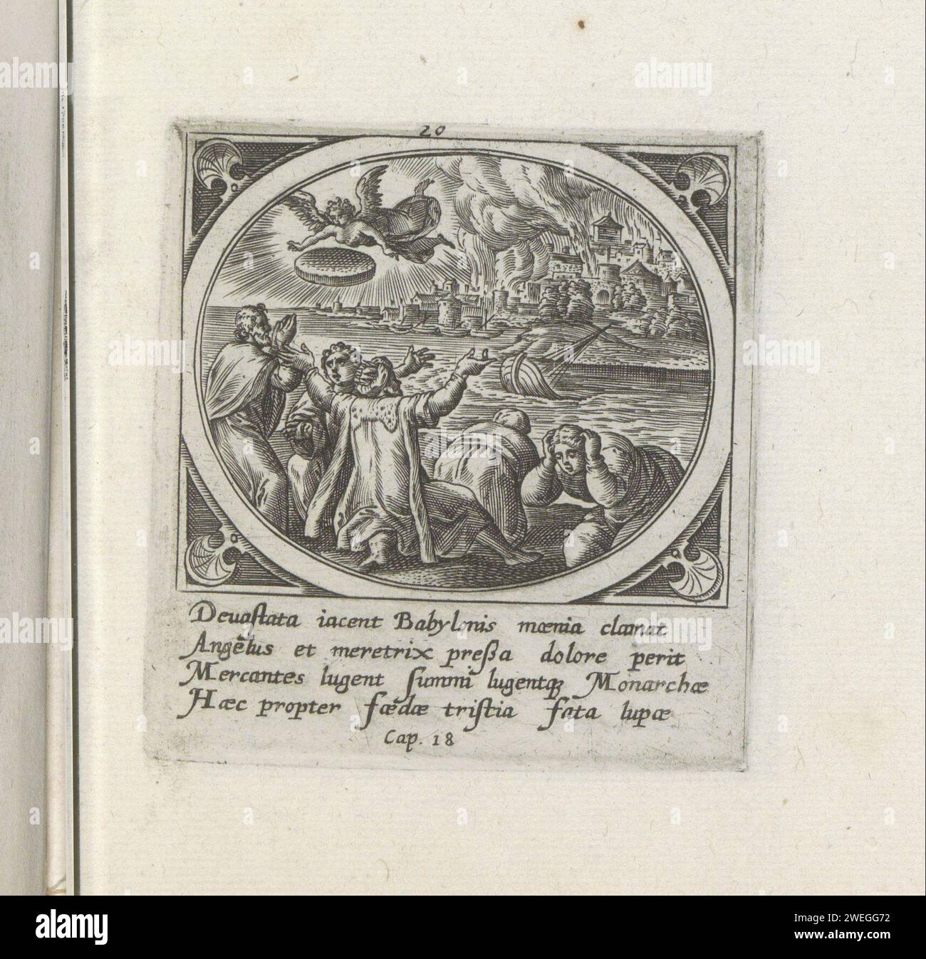 Val van Babylon, 1585 print un ange jette une pierre, aussi grande qu'une meule, dans la mer. En arrière-plan, la Babylone brûlante. Au premier plan des gens qui jettent de la poussière sur leurs têtes. Sous le spectacle une référence en latin au texte de la Bible dans l'op. 18. Ce tirage fait partie d'un album. gravure sur papier un ange puissant jetant une grande pierre (moulin) dans la mer. La chute de Babylone Banque D'Images